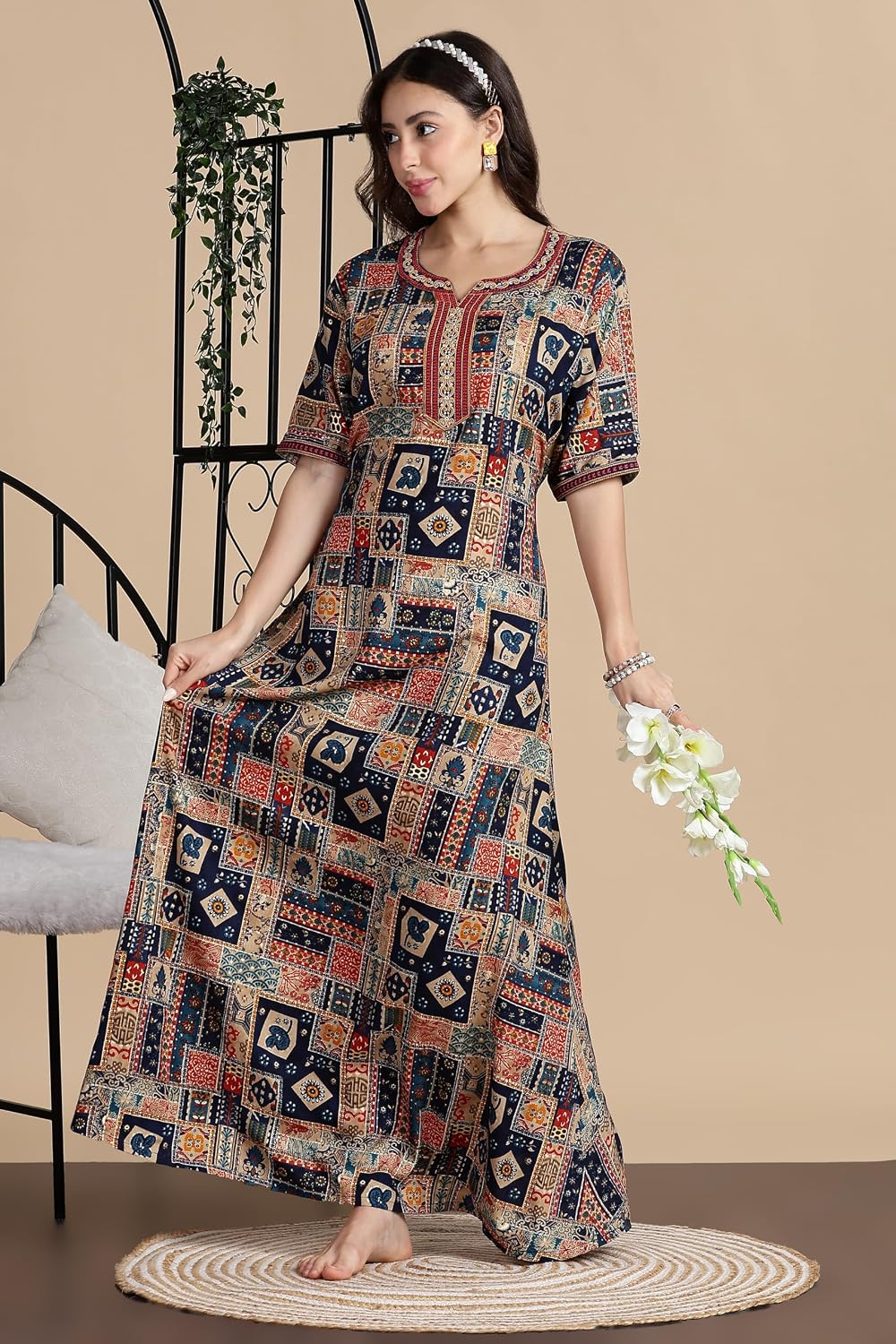 Women's Rayon Side Pocket Maxi Nighty Nightdress