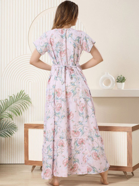 Shree Balaji Maxi Printed Maxi Nightdress Round Neck Short Sleeves Blue