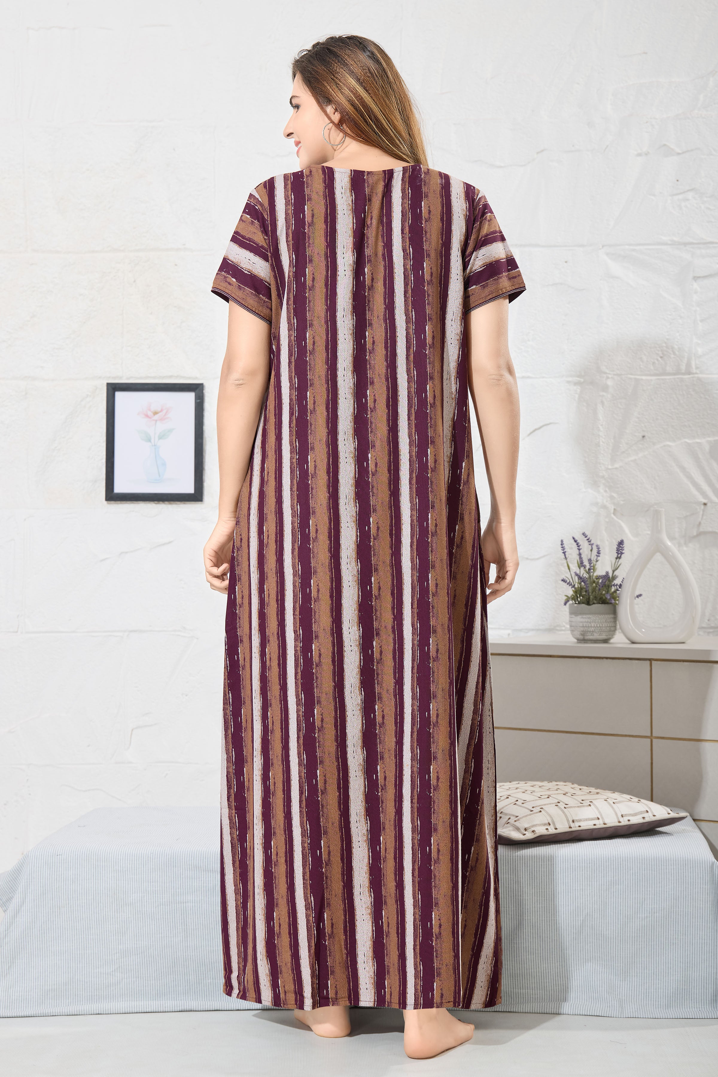 Striped Printed Maxi Nightdress Round Neck Short Sleeves