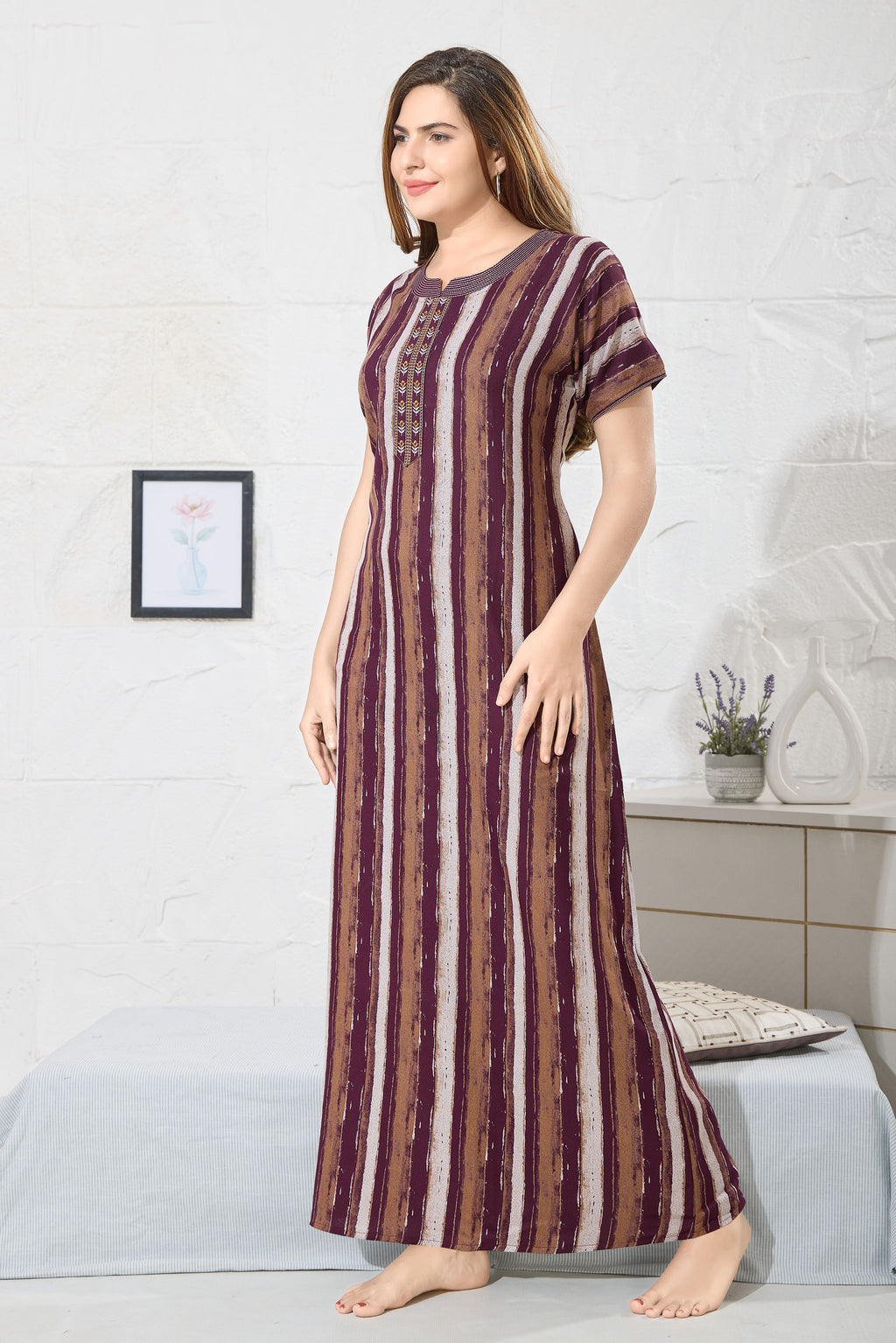 Striped Printed Maxi Nightdress Round Neck Short Sleeves