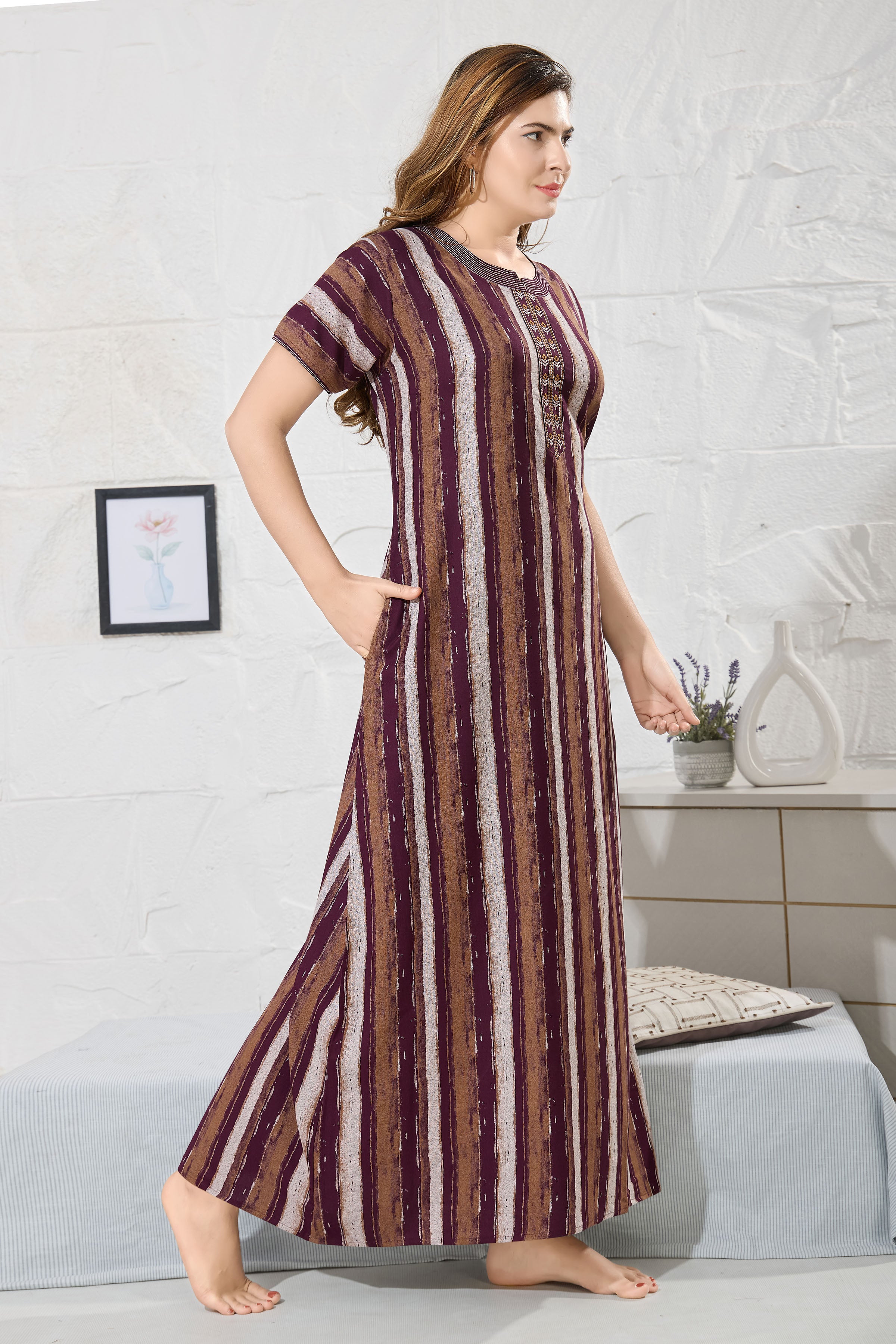 Striped Printed Maxi Nightdress Round Neck Short Sleeves
