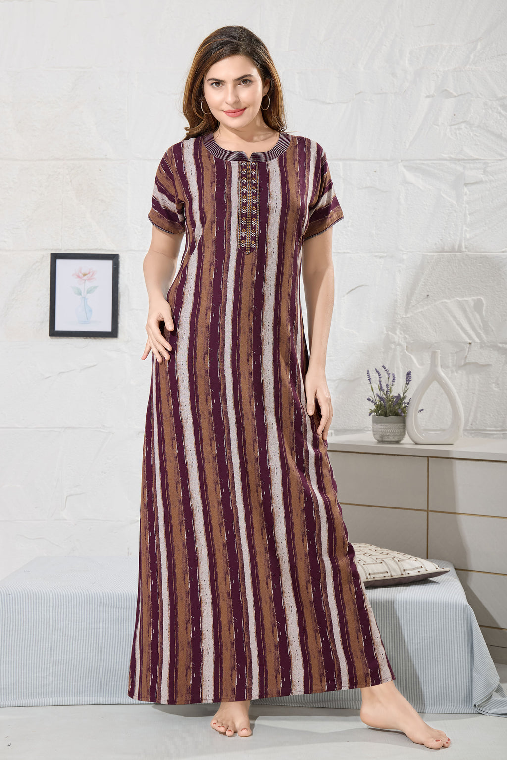 Striped Printed Maxi Nightdress Round Neck Short Sleeves