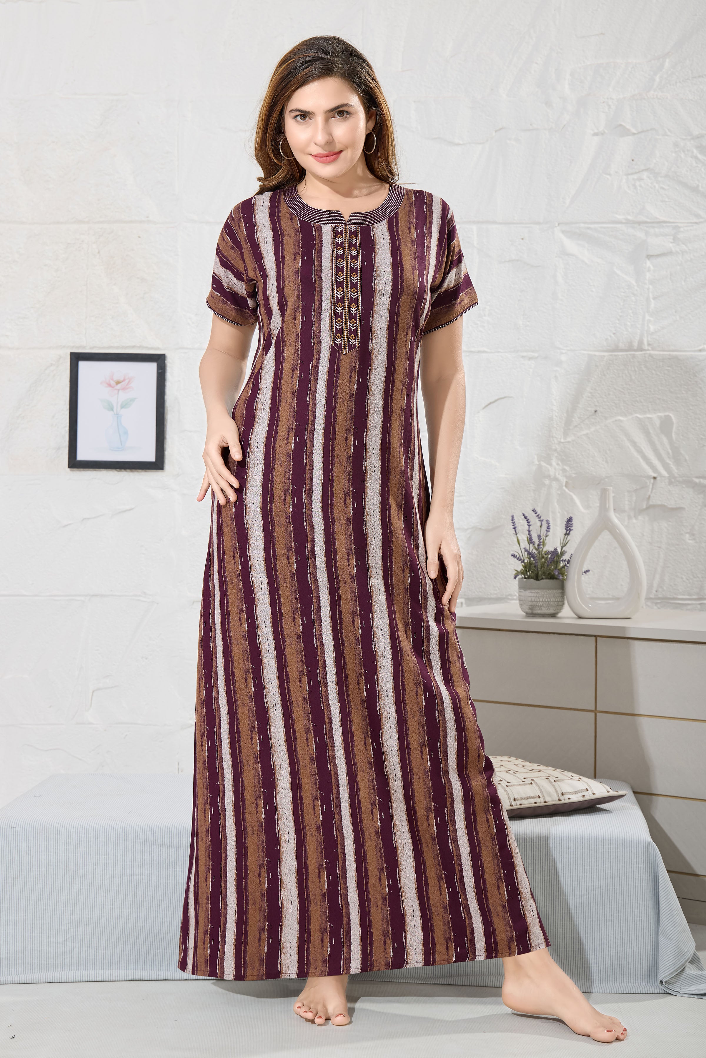 Striped Printed Maxi Nightdress Round Neck Short Sleeves