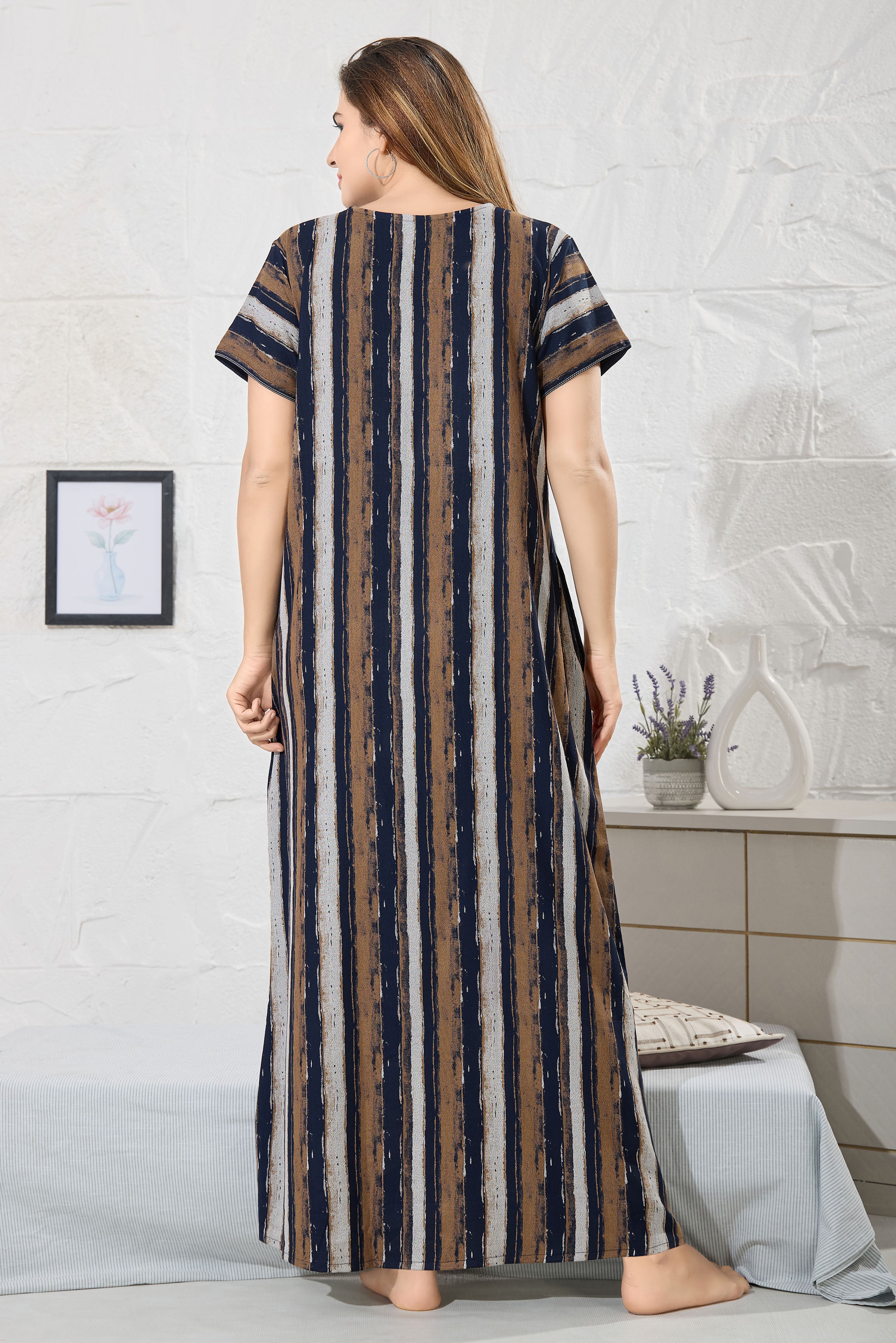Striped Printed Maxi Nightdress Round Neck Short Sleeves