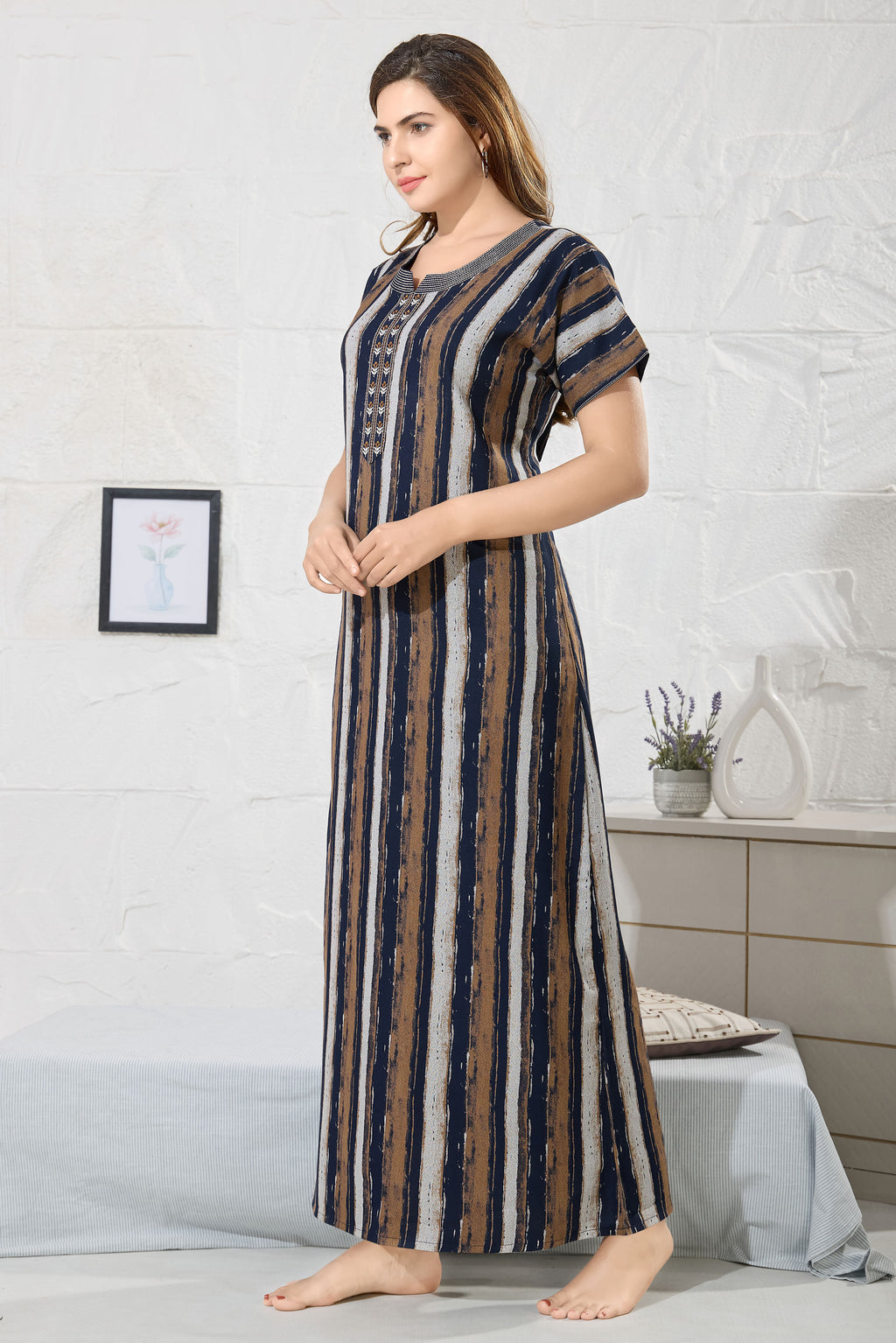 Striped Printed Maxi Nightdress Round Neck Short Sleeves