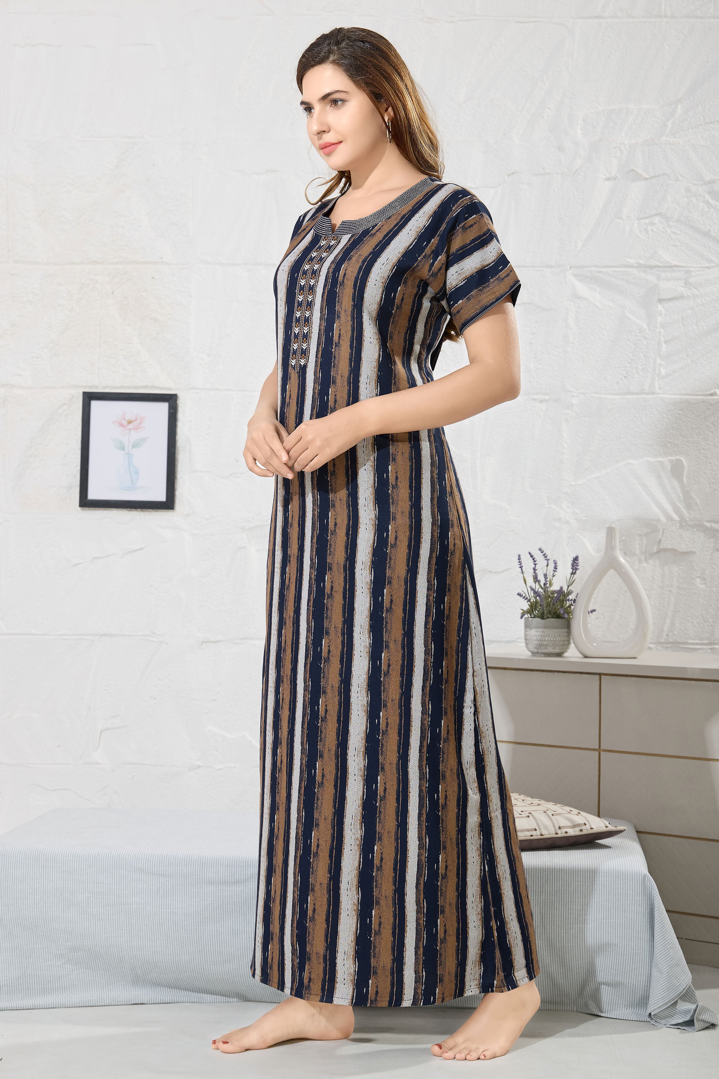 Striped Printed Maxi Nightdress Round Neck Short Sleeves
