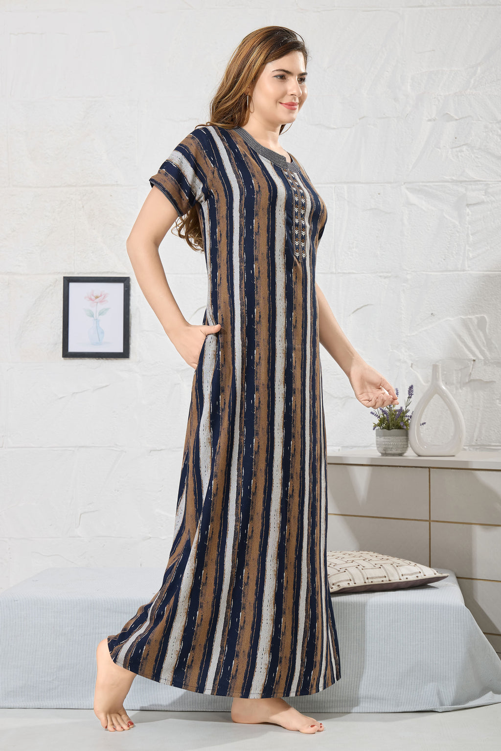 Striped Printed Maxi Nightdress Round Neck Short Sleeves