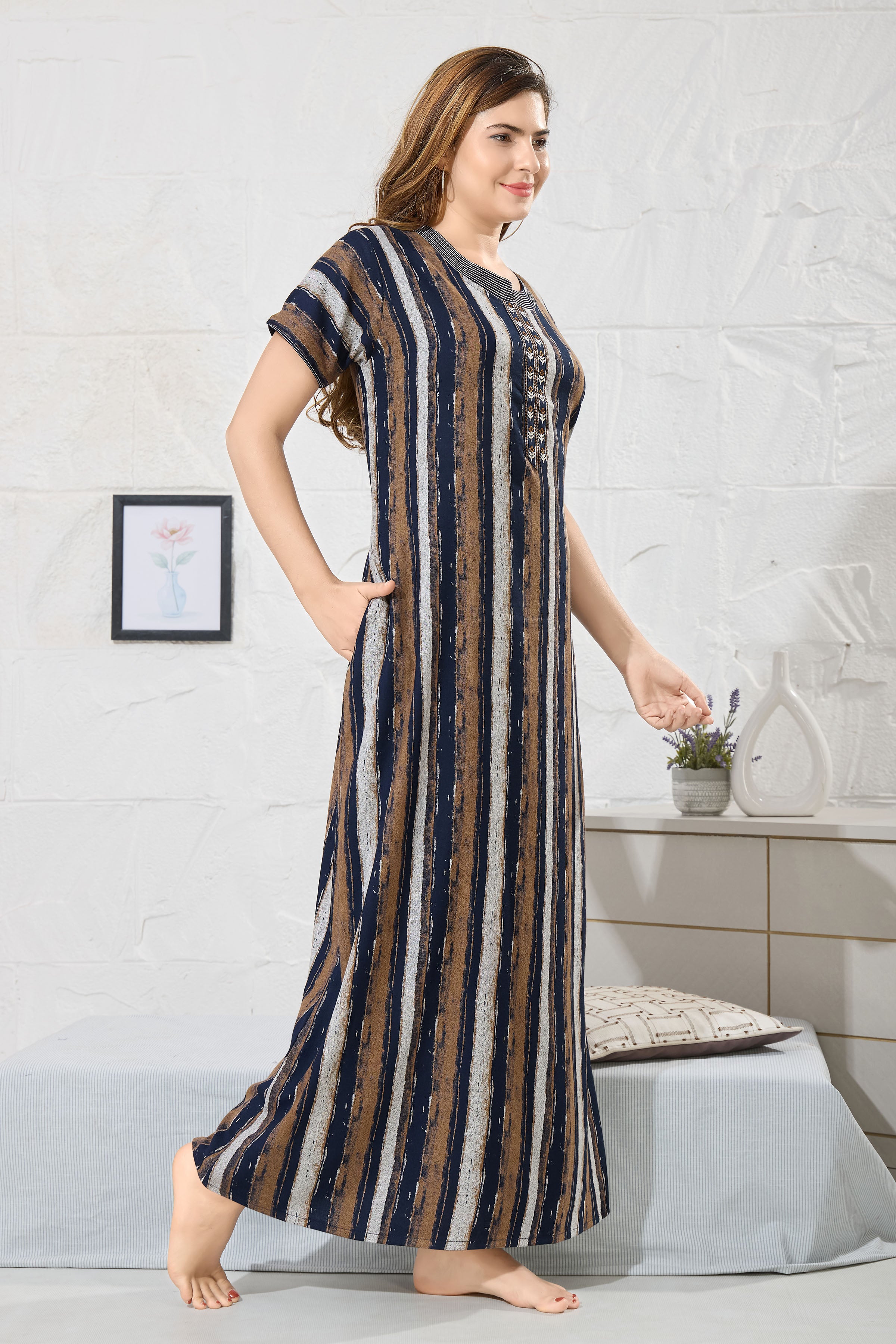 Striped Printed Maxi Nightdress Round Neck Short Sleeves