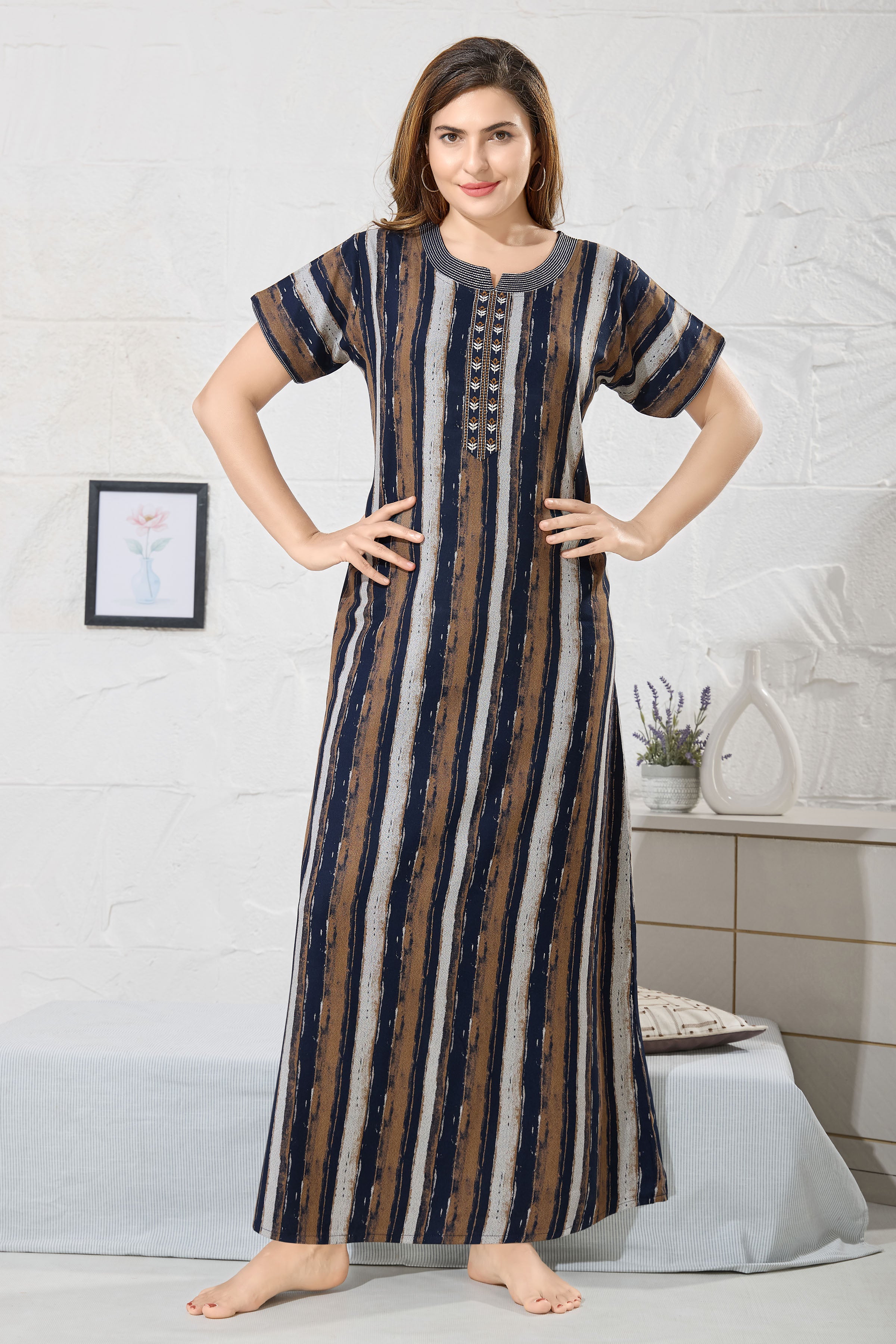 Striped Printed Maxi Nightdress Round Neck Short Sleeves
