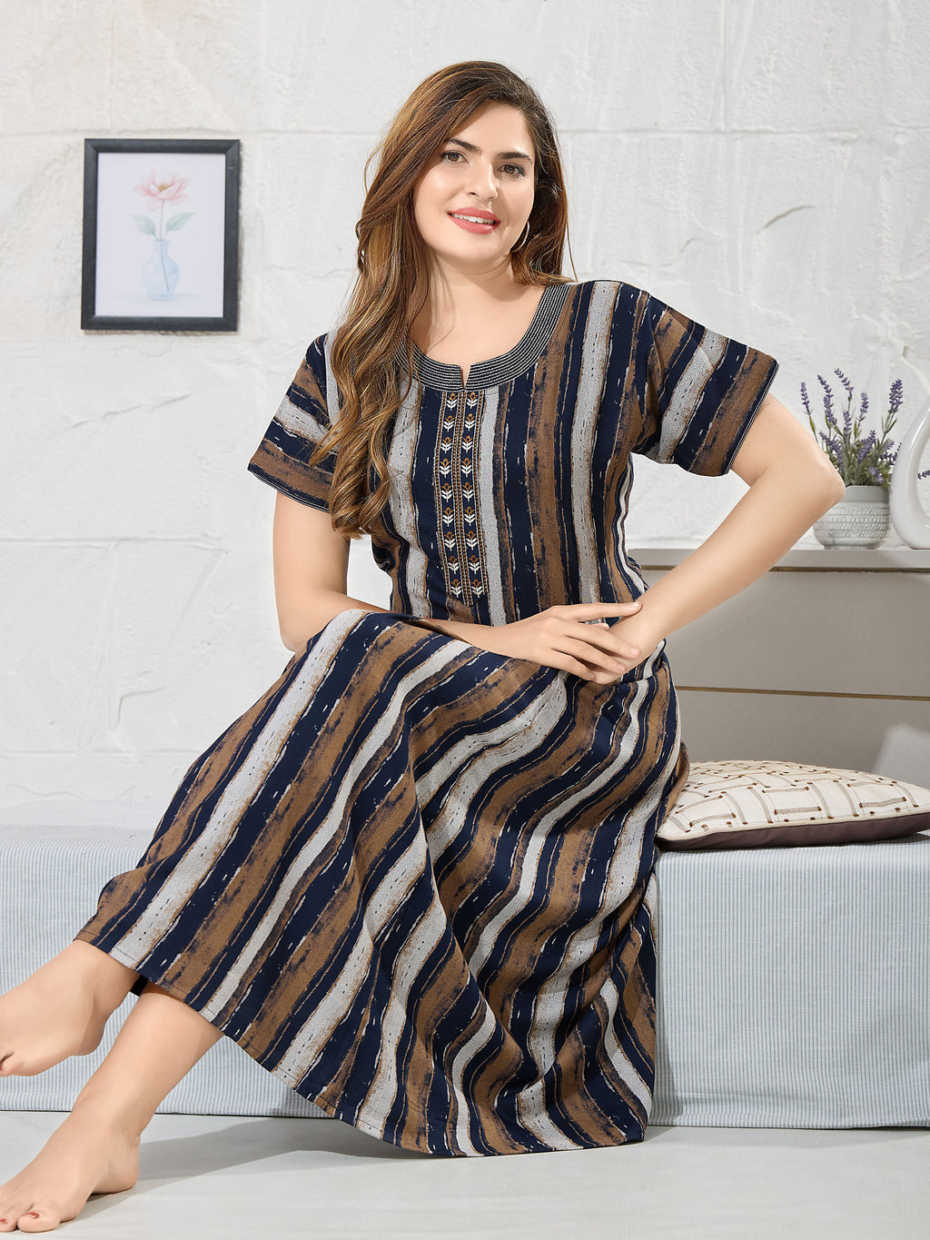 Striped Printed Maxi Nightdress Round Neck Short Sleeves