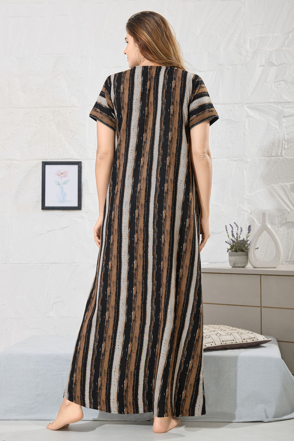 Striped Printed Maxi Nightdress Round Neck Short Sleeves