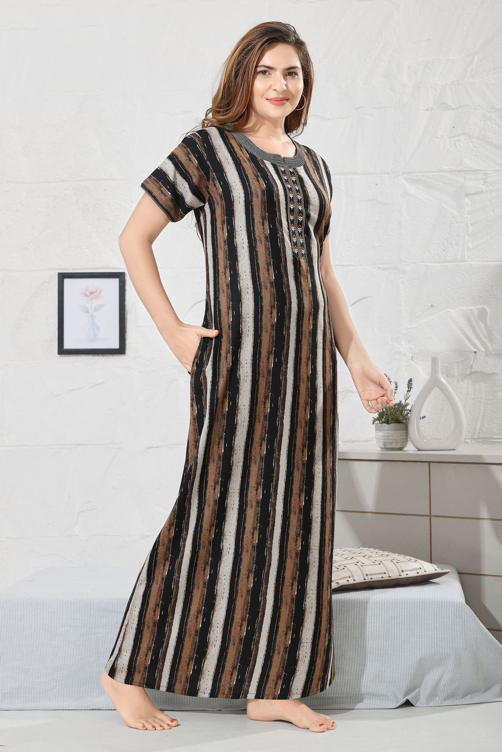 Striped Printed Maxi Nightdress Round Neck Short Sleeves