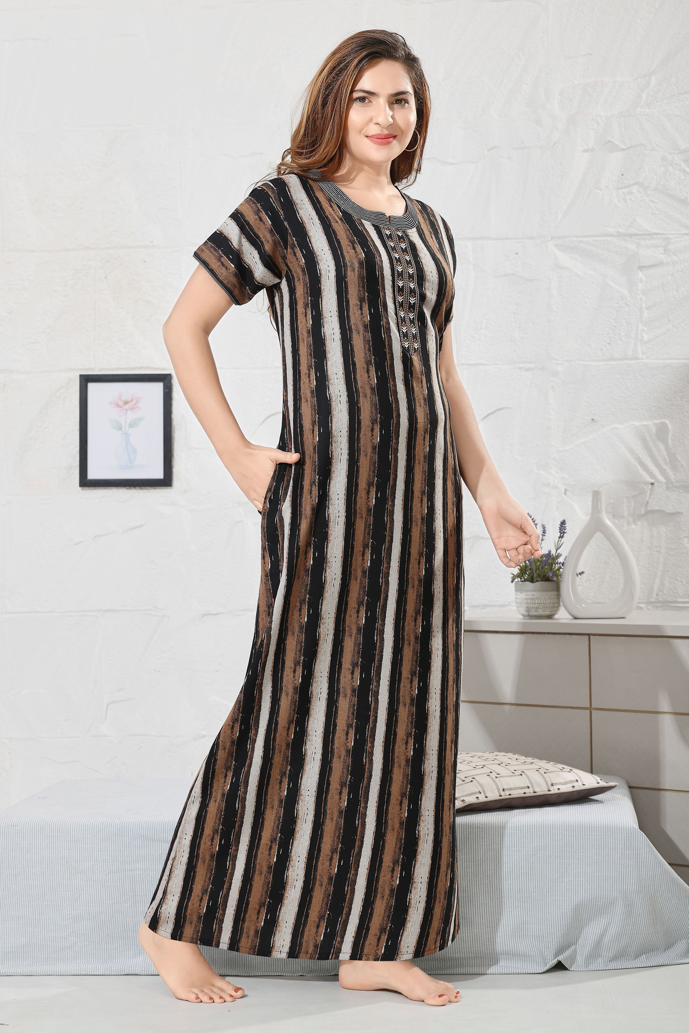 Striped Printed Maxi Nightdress Round Neck Short Sleeves