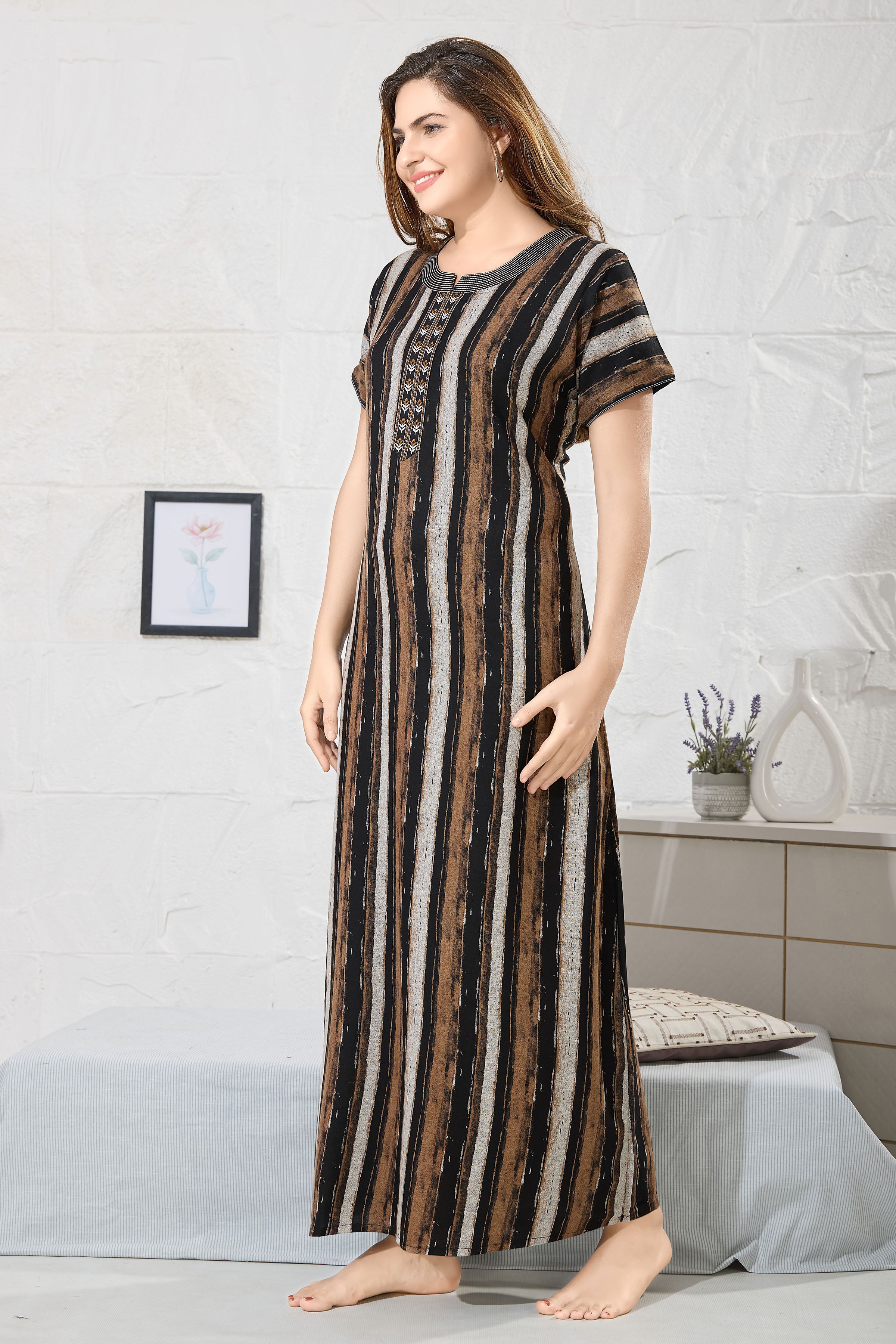 Striped Printed Maxi Nightdress Round Neck Short Sleeves