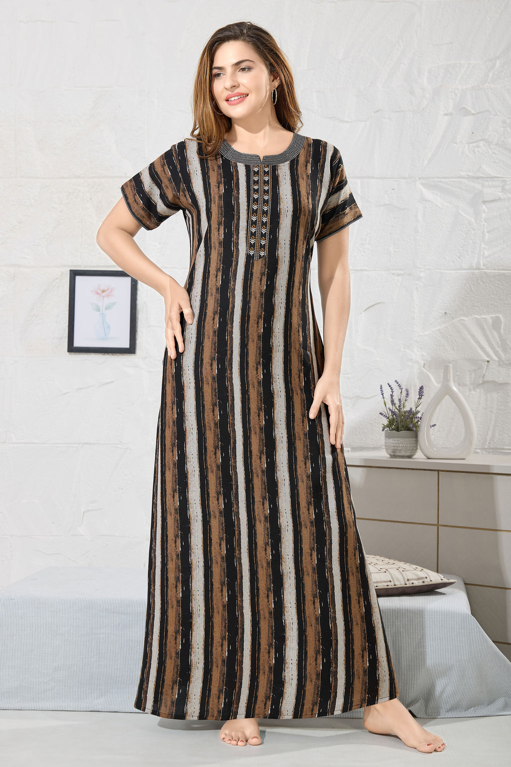 Striped Printed Maxi Nightdress Round Neck Short Sleeves
