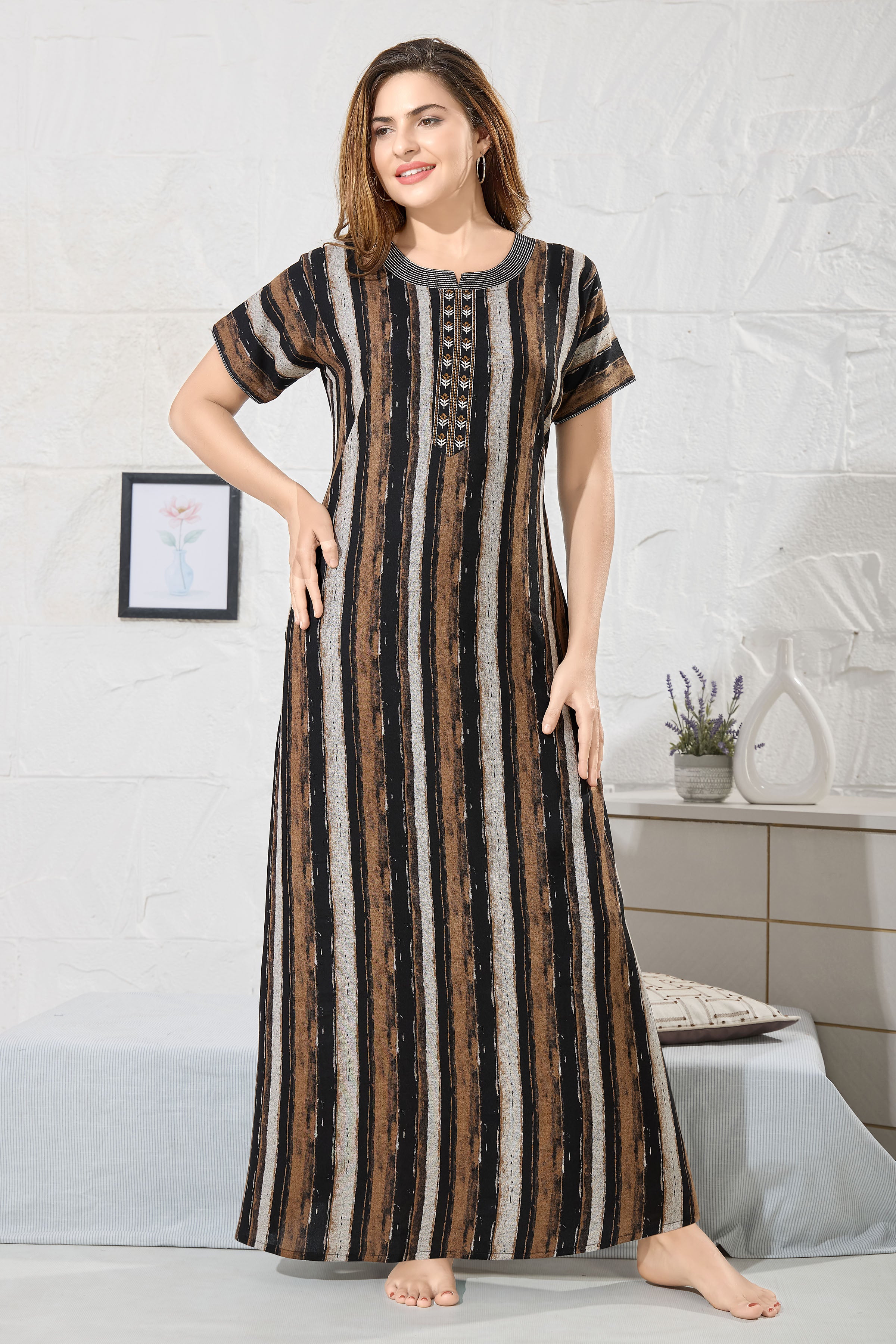 Striped Printed Maxi Nightdress Round Neck Short Sleeves