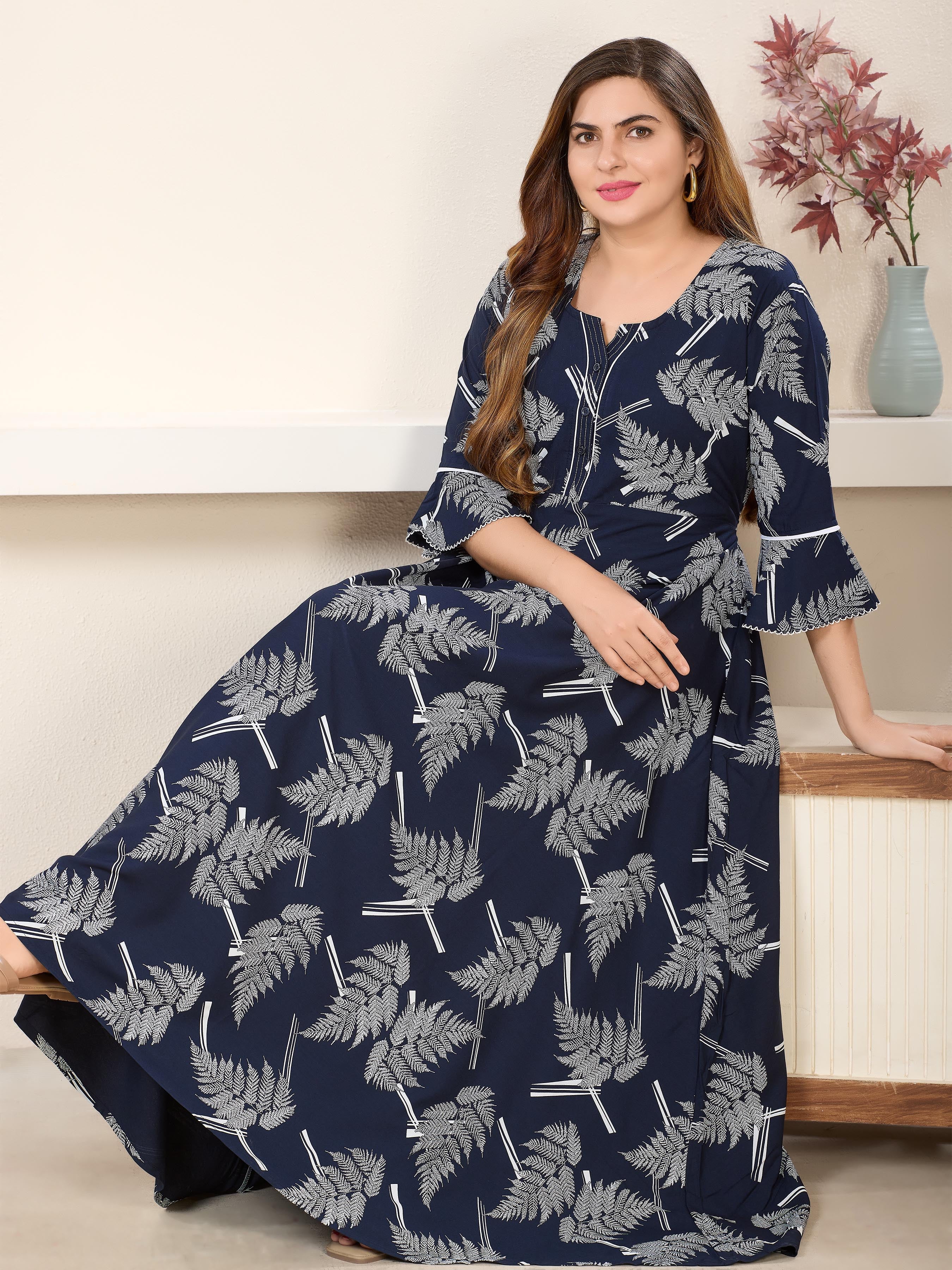 Printed Maxi Nightdress Navy Blue