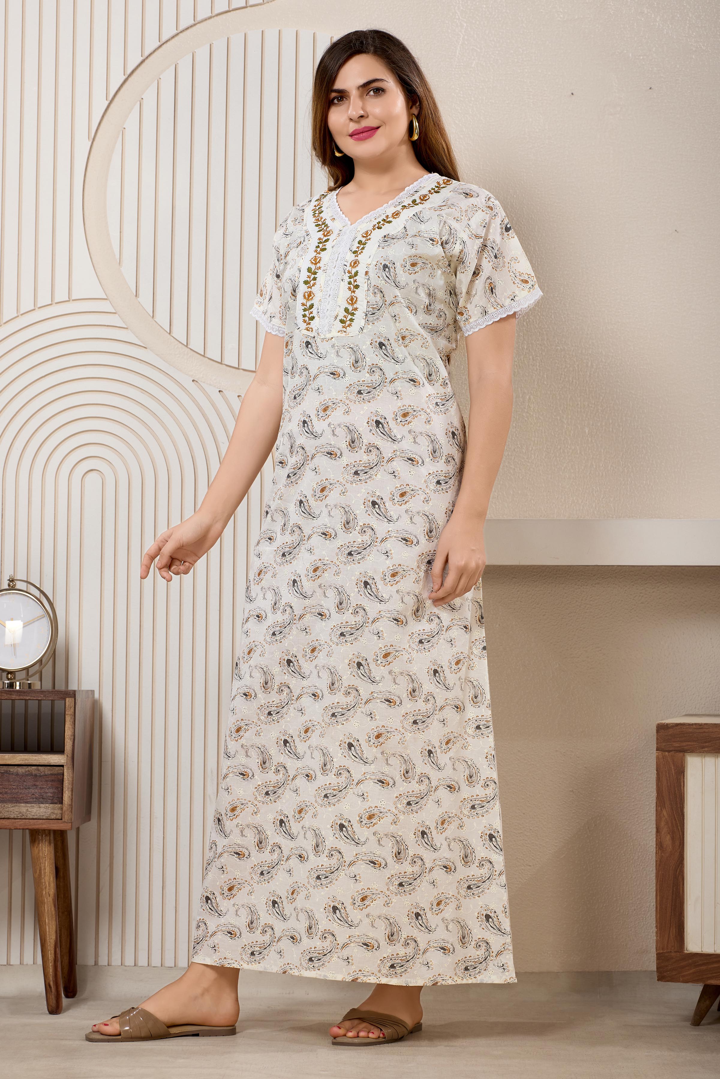 Printed Maxi Nightdress Round Neck Short Sleeves Blue