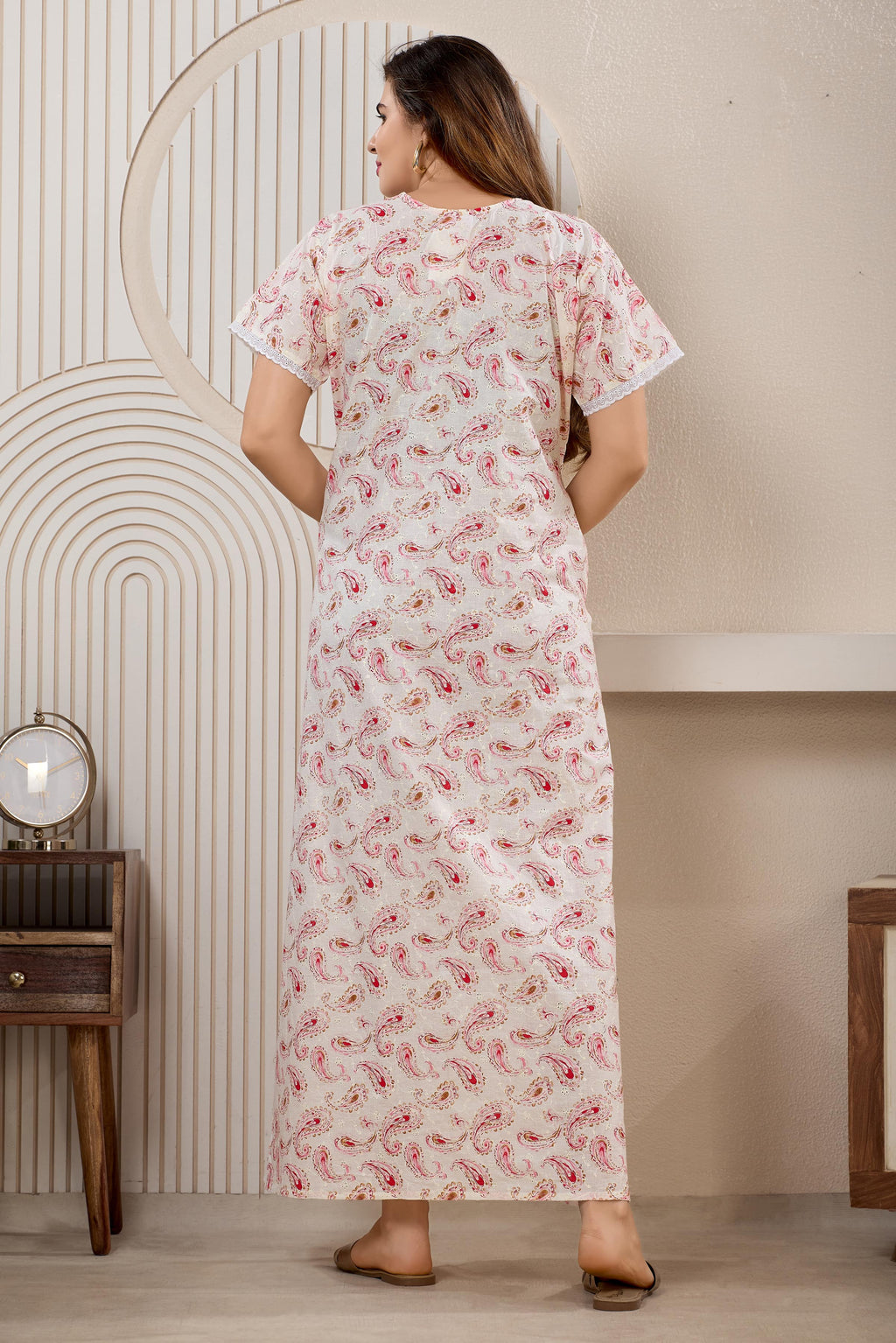 Printed Maxi Nightdress Round Neck Short Sleeves Blue