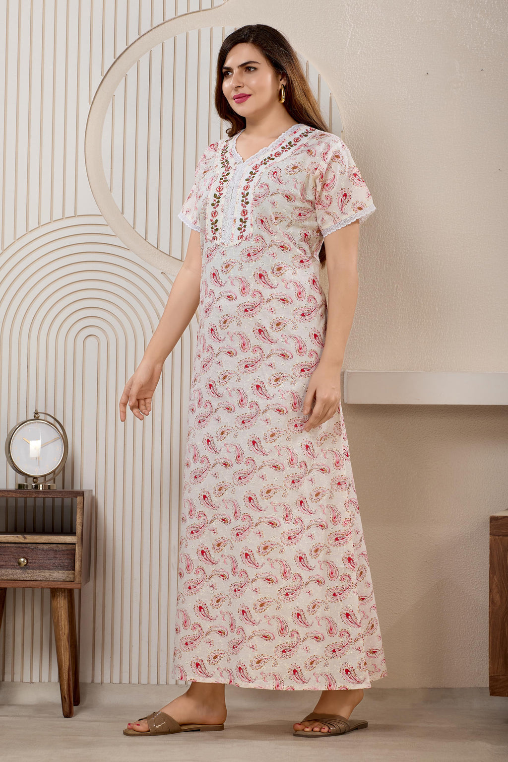 Printed Maxi Nightdress Round Neck Short Sleeves Blue