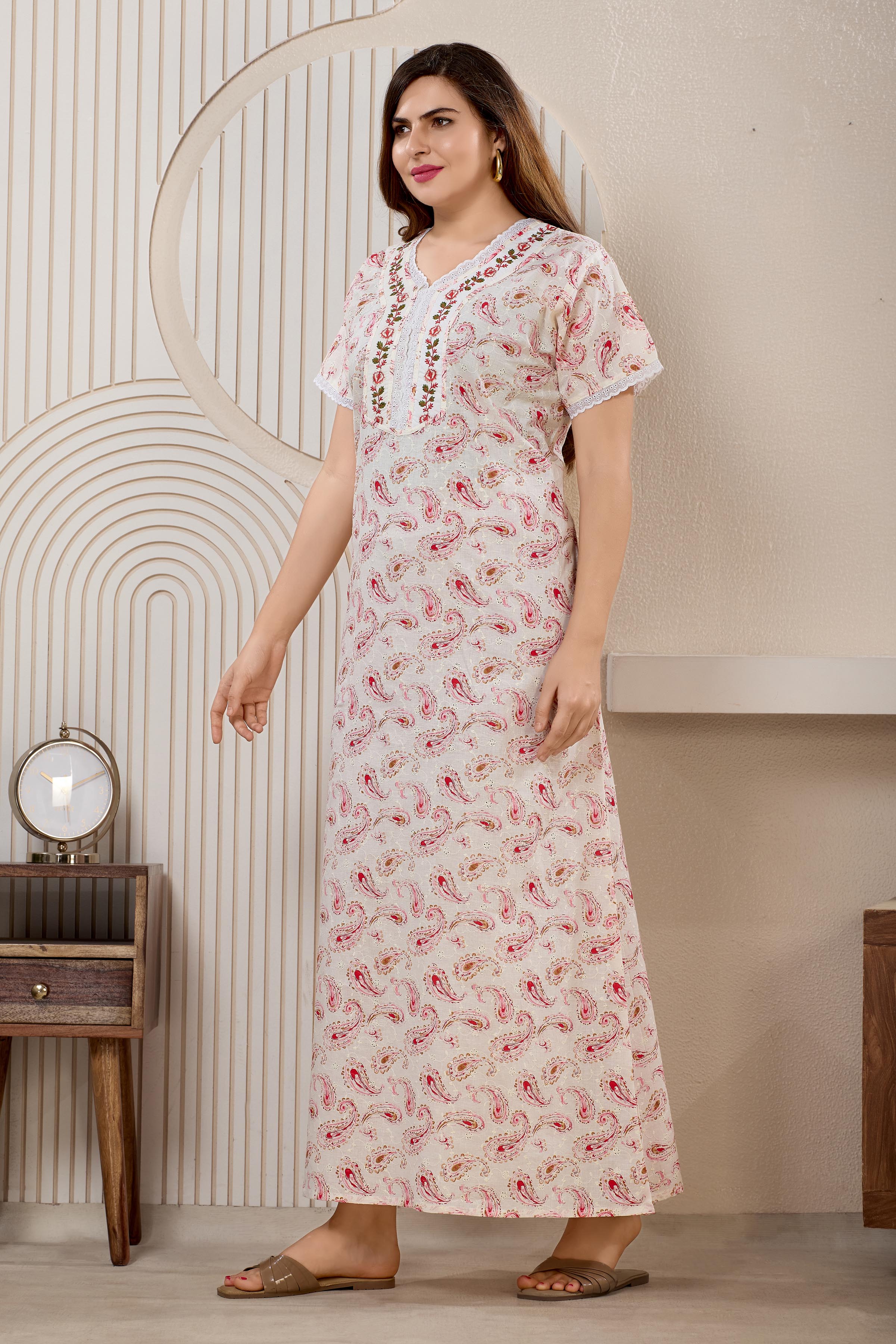 Printed Maxi Nightdress Round Neck Short Sleeves Blue