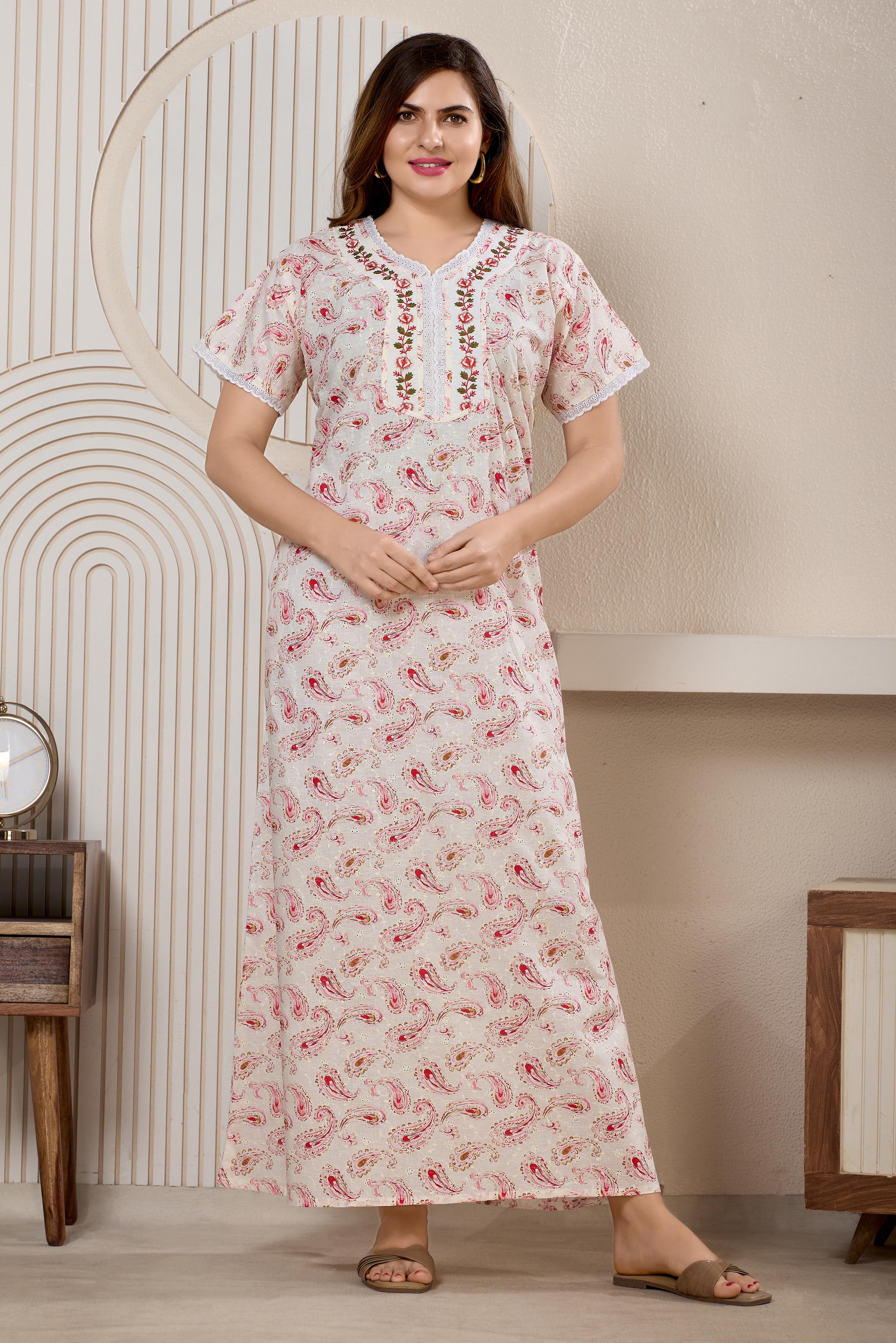 Printed Maxi Nightdress Round Neck Short Sleeves Blue