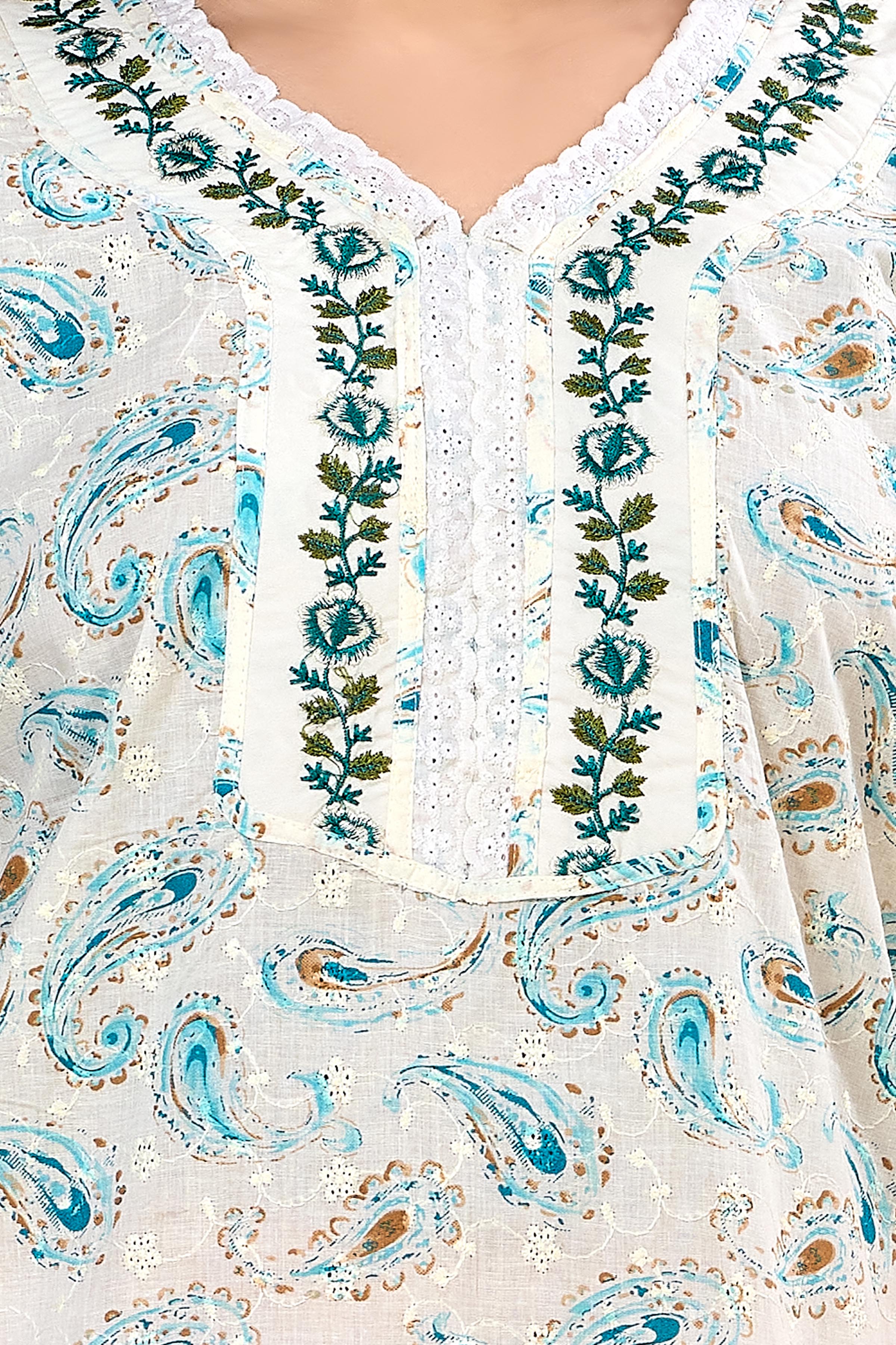 Printed Maxi Nightdress Round Neck Short Sleeves Blue
