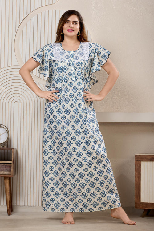 Printed Maxi Nightdress Round Neck Short Sleeves Blue