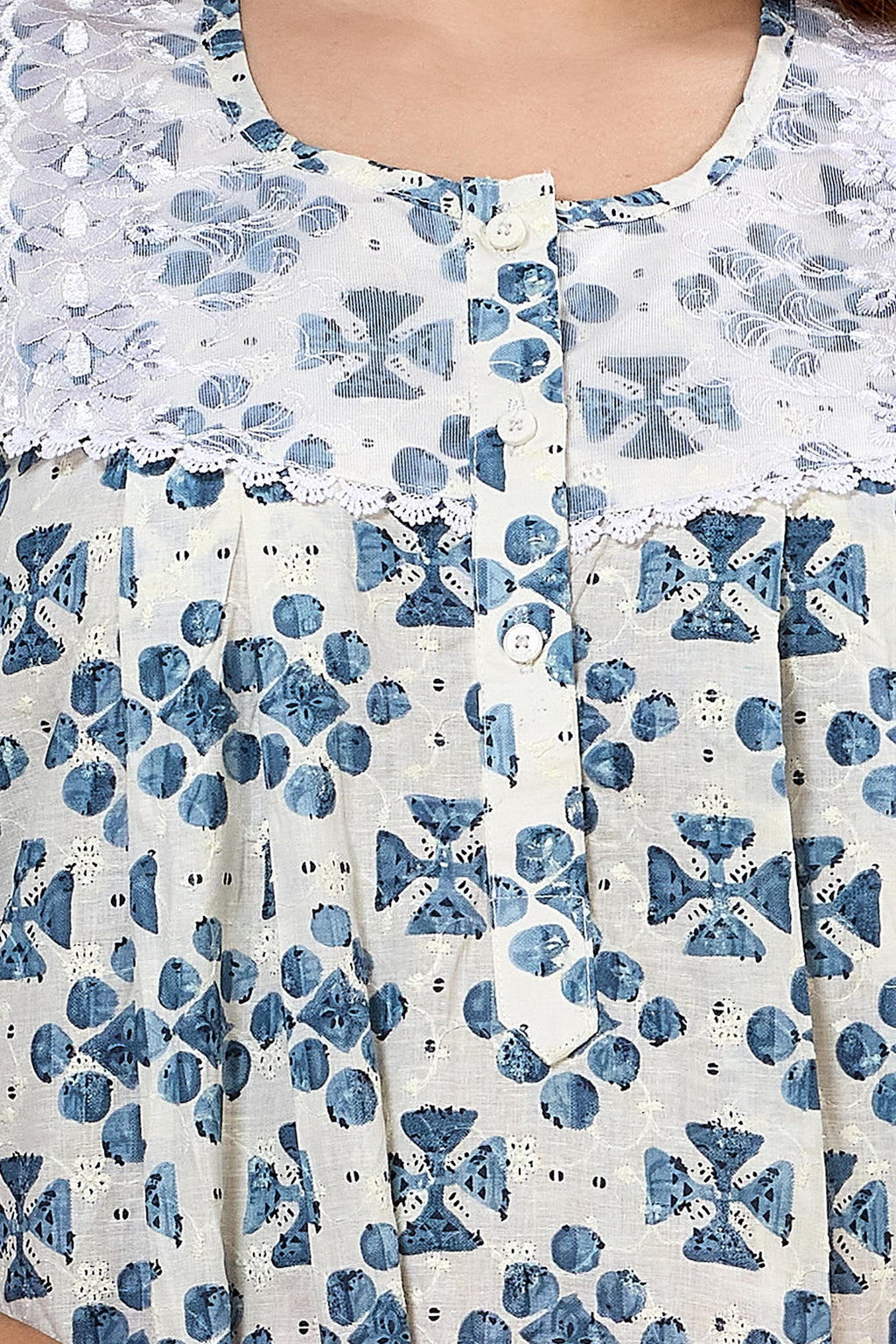 Printed Maxi Nightdress Round Neck Short Sleeves Blue