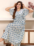 Printed Maxi Nightdress Round Neck Short Sleeves Blue