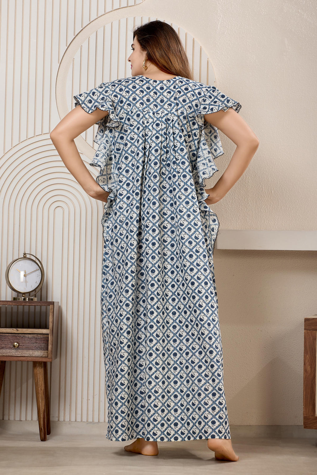 Printed Maxi Nightdress Round Neck Short Sleeves Blue