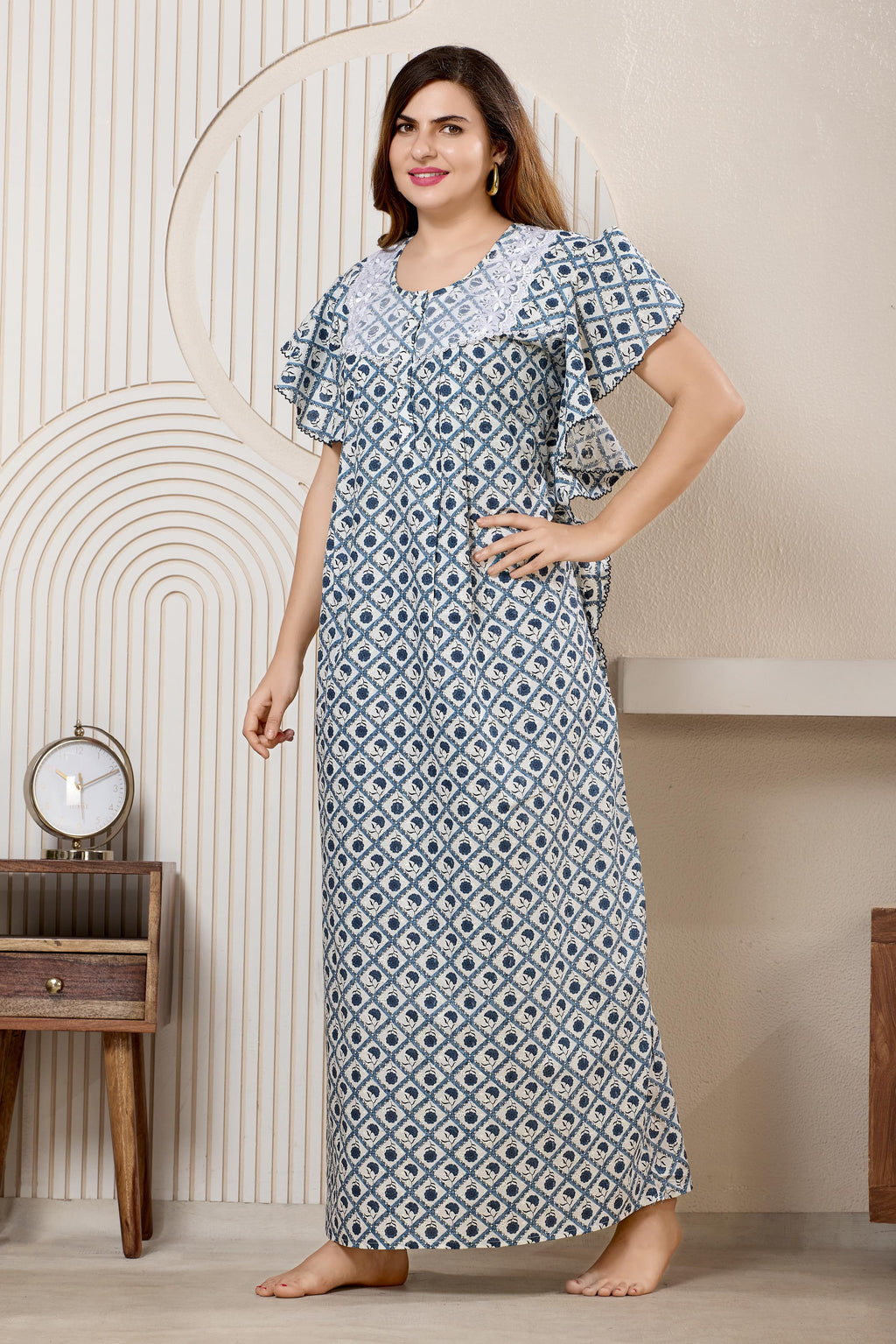 Printed Maxi Nightdress Round Neck Short Sleeves Blue