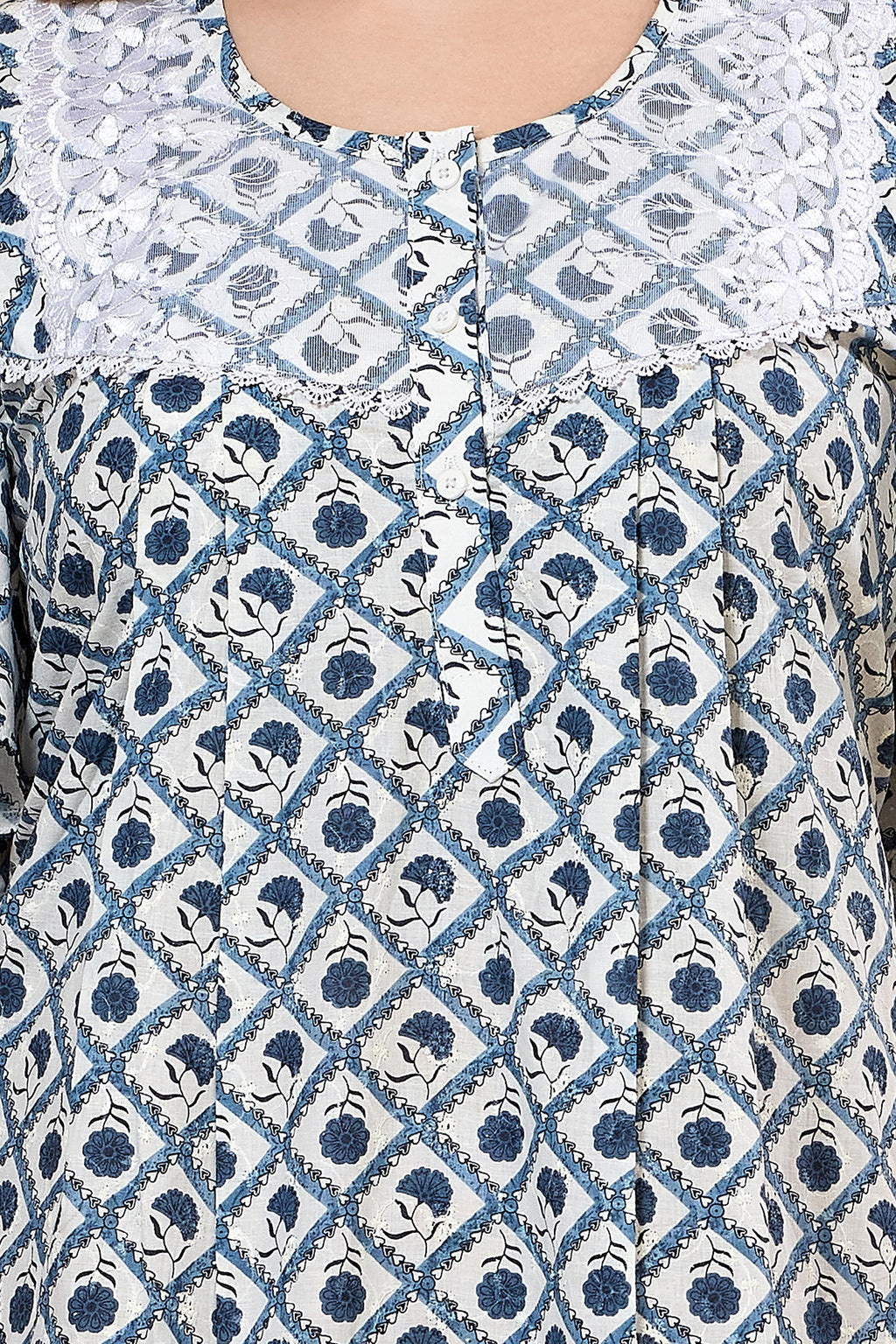 Printed Maxi Nightdress Round Neck Short Sleeves Blue