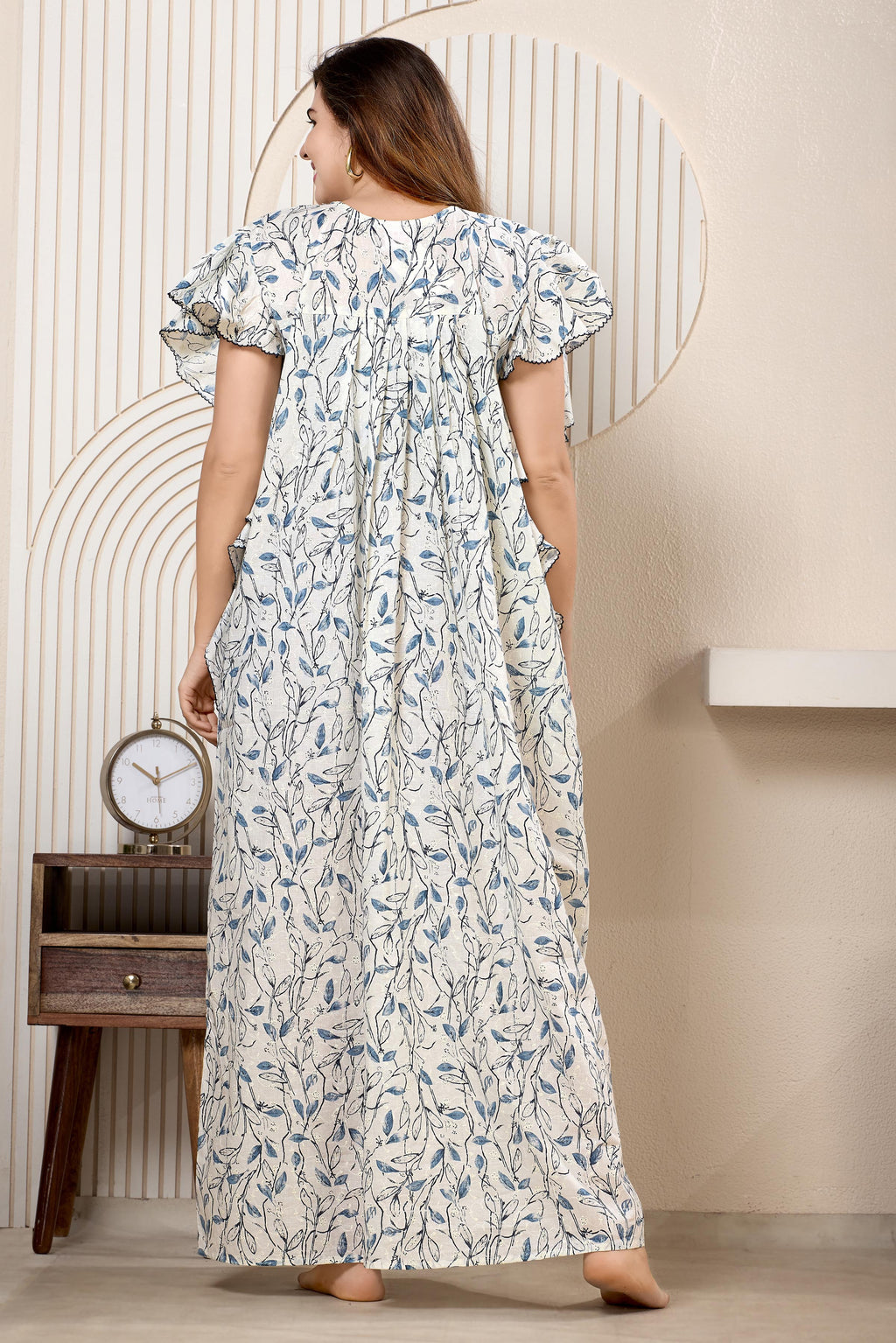 Printed Maxi Nightdress Round Neck Short Sleeves Blue