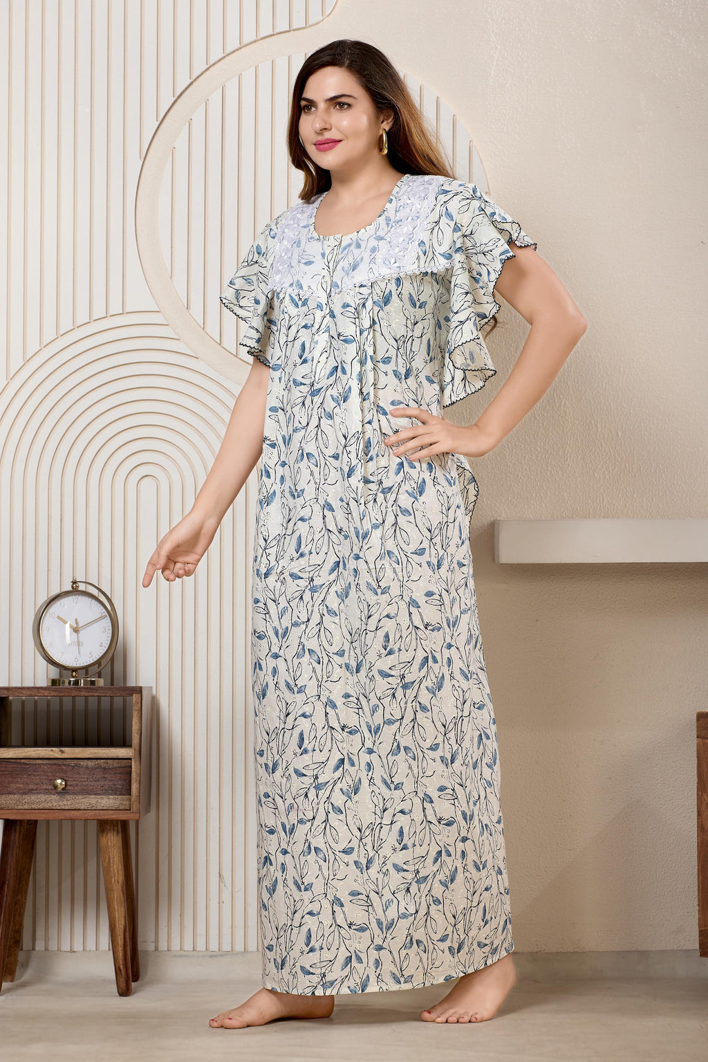 Printed Maxi Nightdress Round Neck Short Sleeves Blue