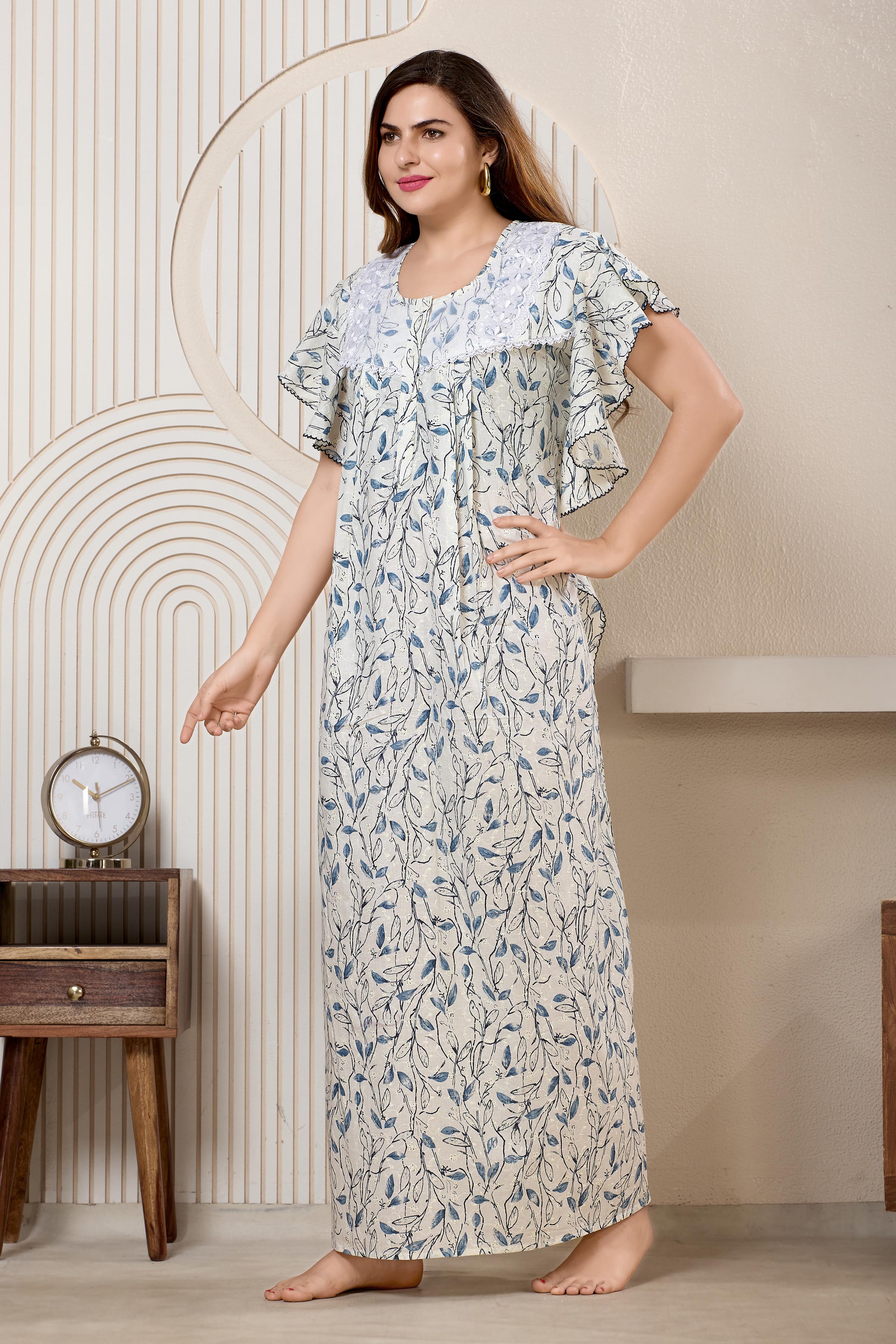 Printed Maxi Nightdress Round Neck Short Sleeves Blue
