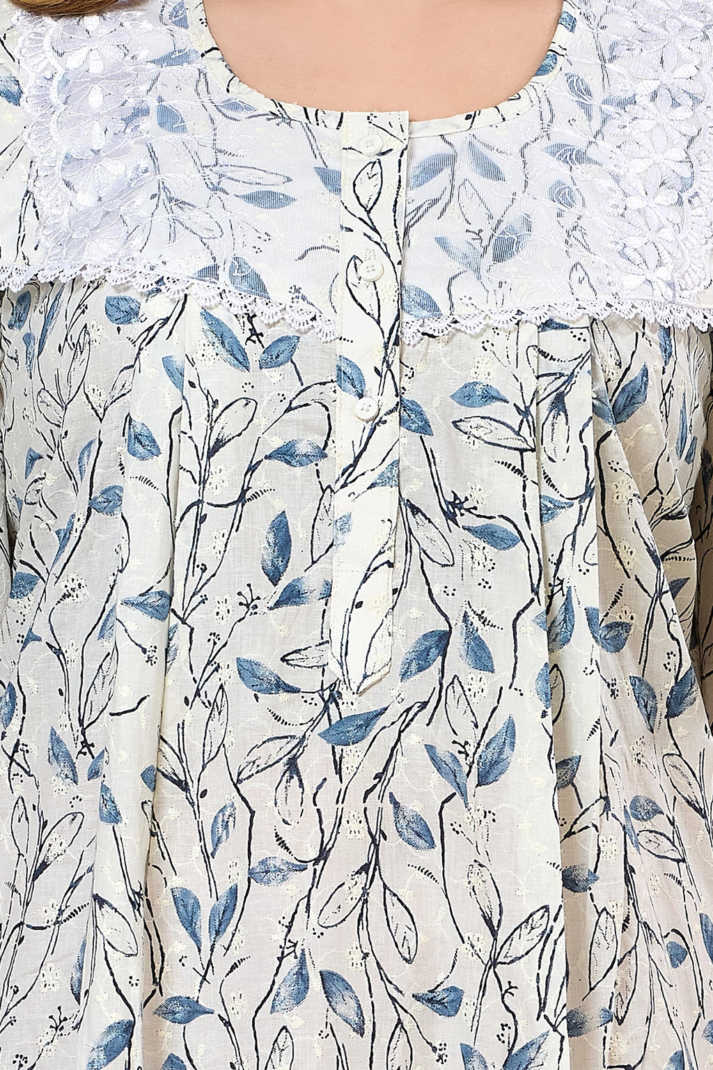 Printed Maxi Nightdress Round Neck Short Sleeves Blue