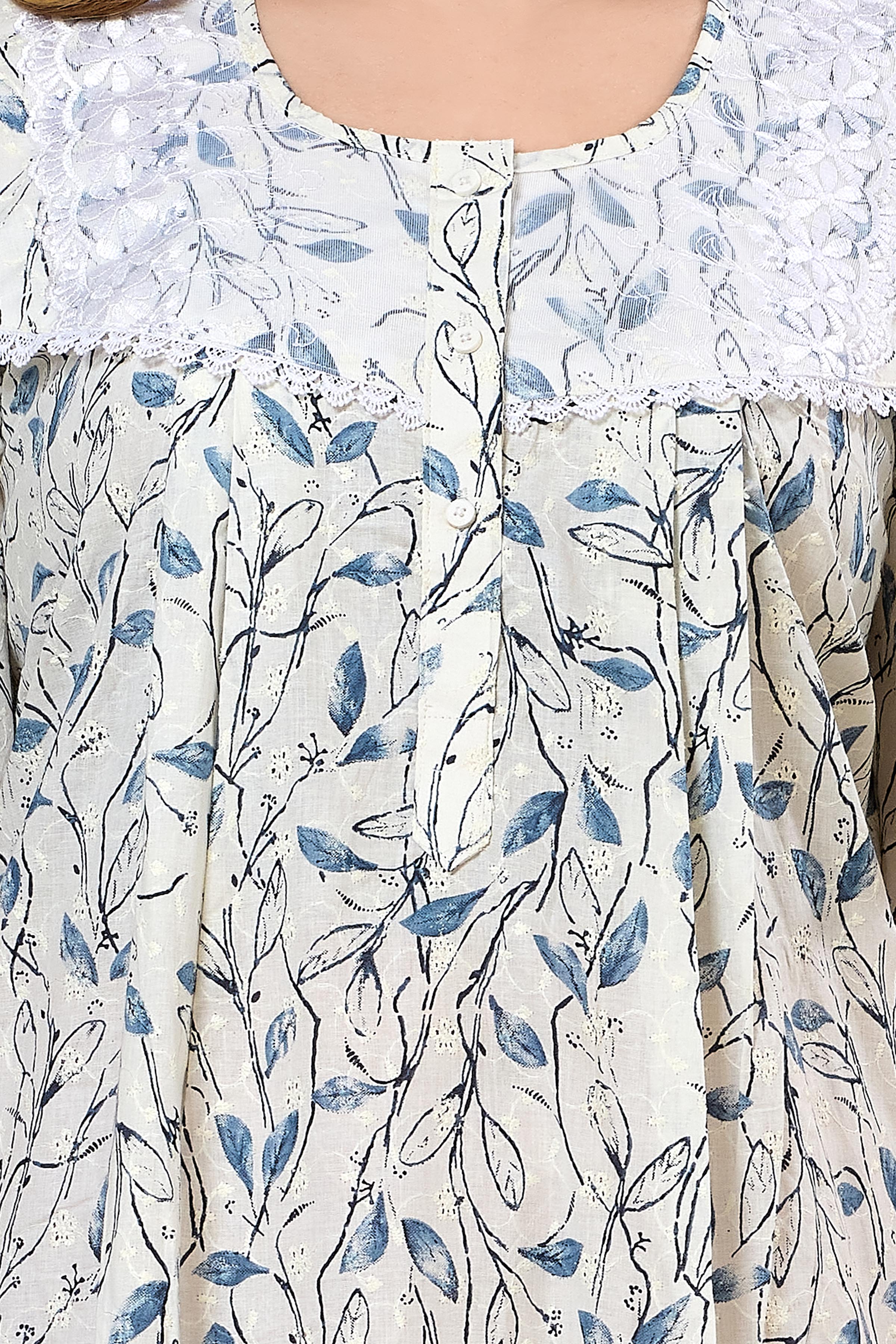 Printed Maxi Nightdress Round Neck Short Sleeves Blue