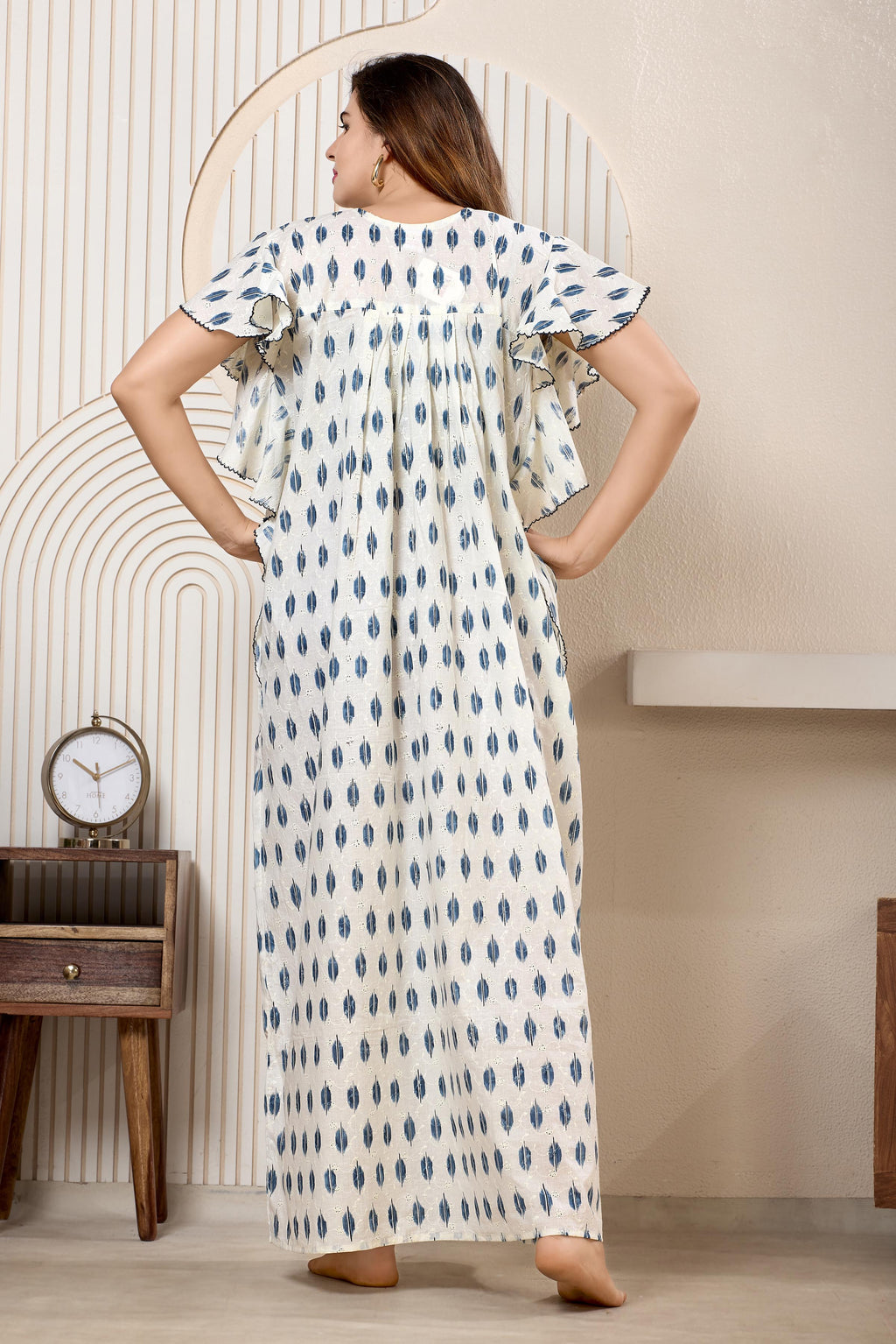 Printed Maxi Nightdress Round Neck Short Sleeves Blue