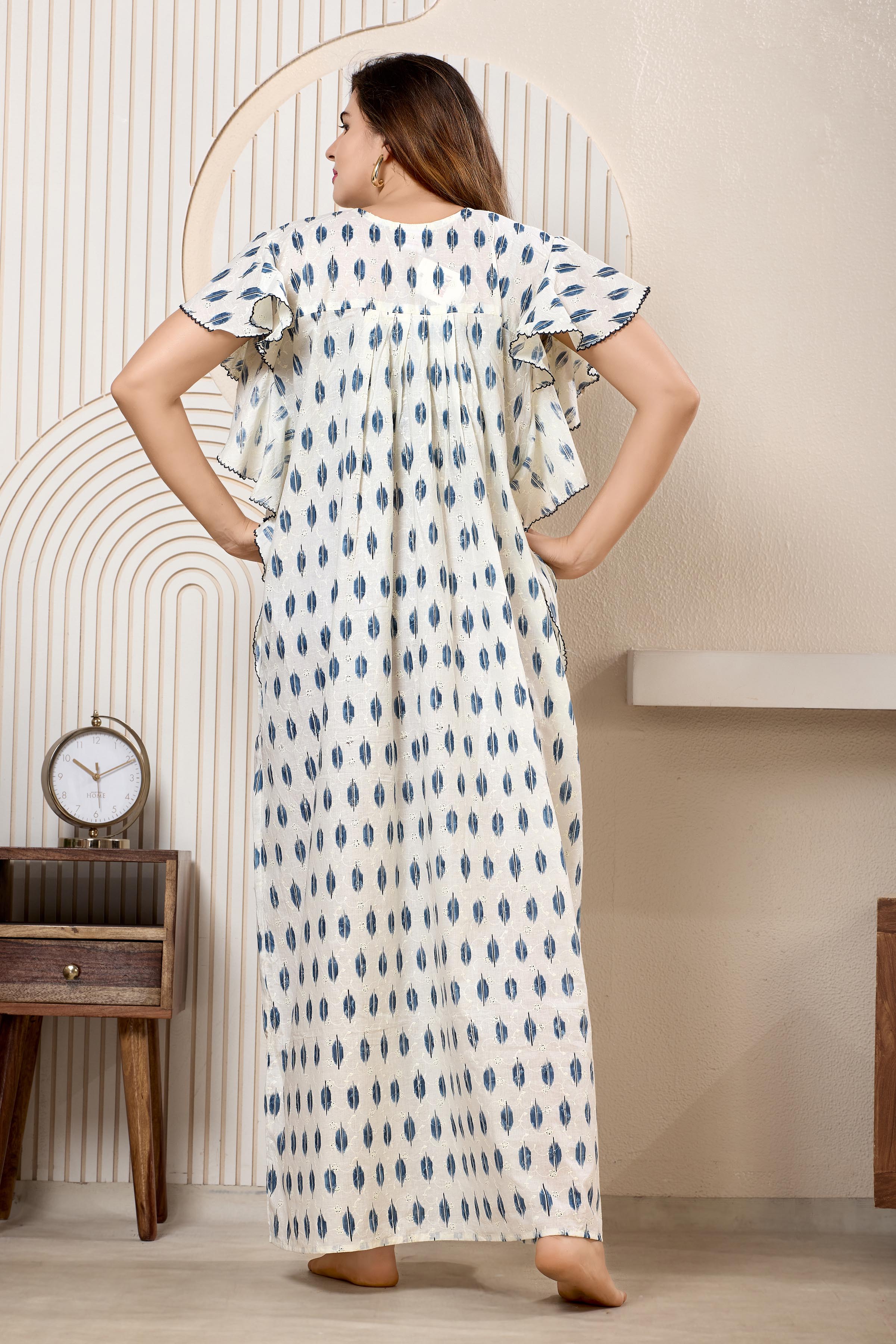 Printed Maxi Nightdress Round Neck Short Sleeves Blue
