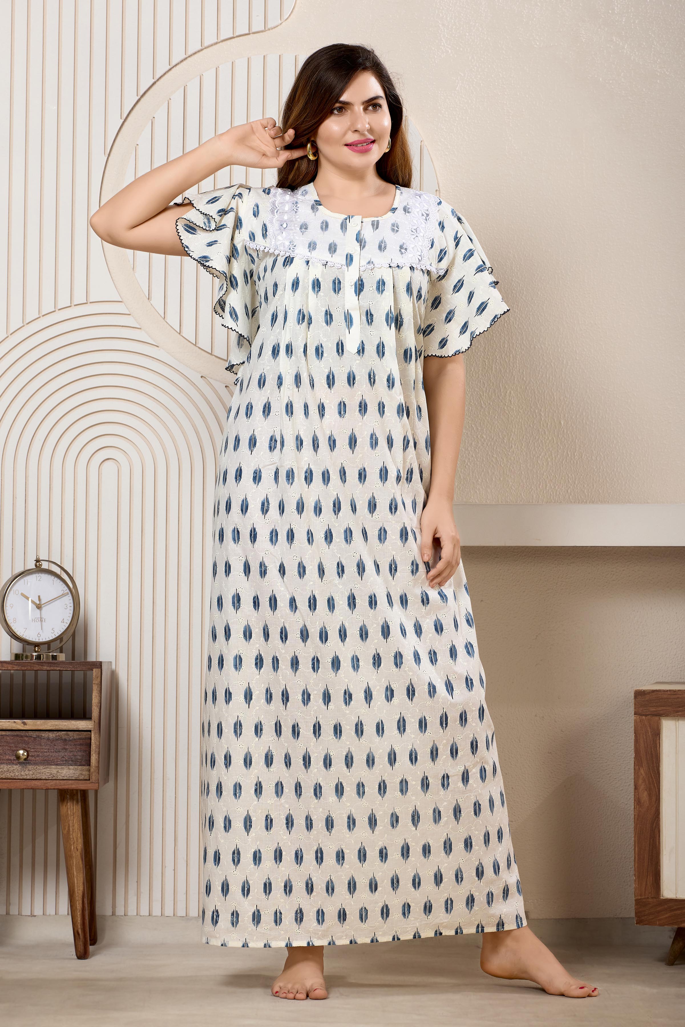 Printed Maxi Nightdress Round Neck Short Sleeves Blue