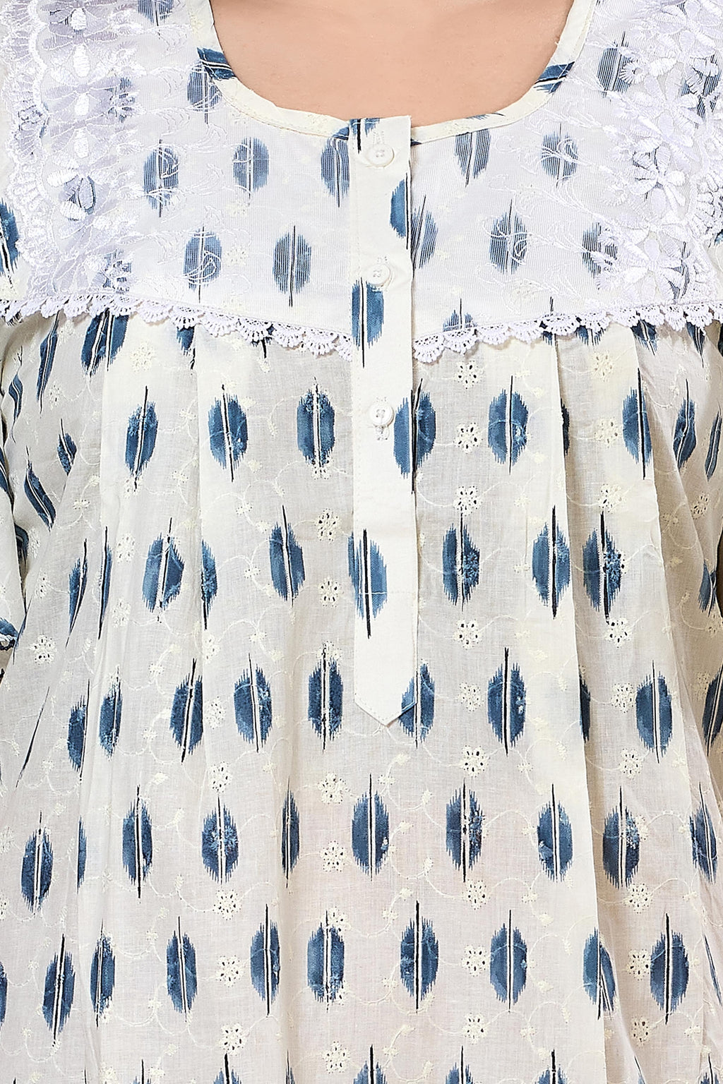 Printed Maxi Nightdress Round Neck Short Sleeves Blue