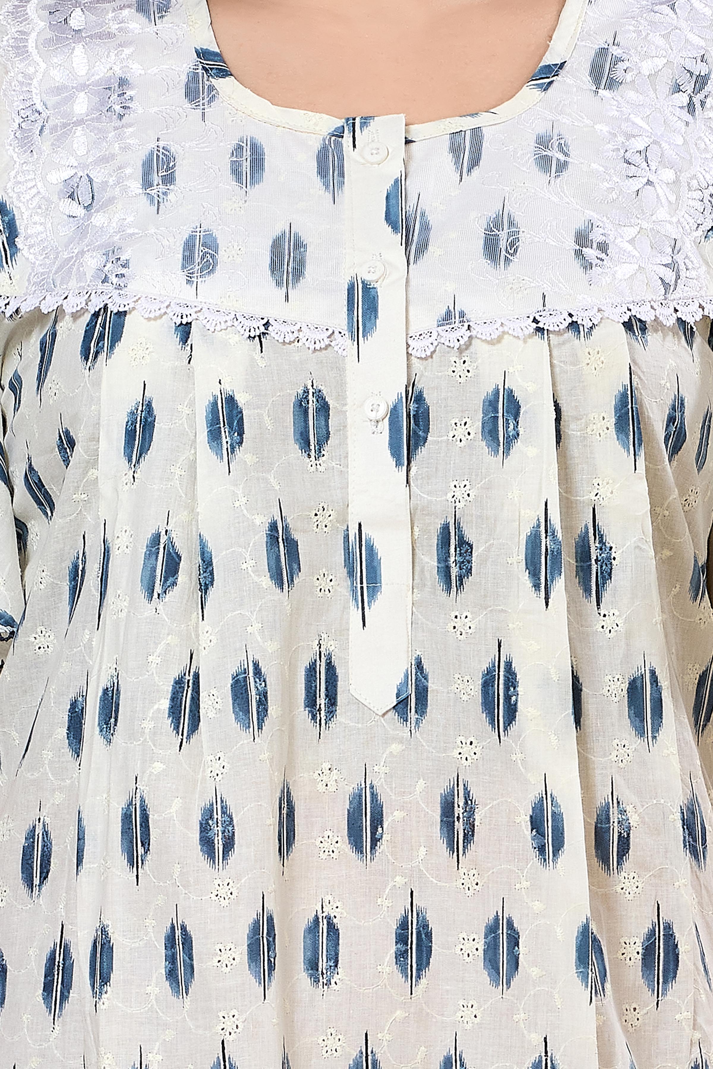 Printed Maxi Nightdress Round Neck Short Sleeves Blue