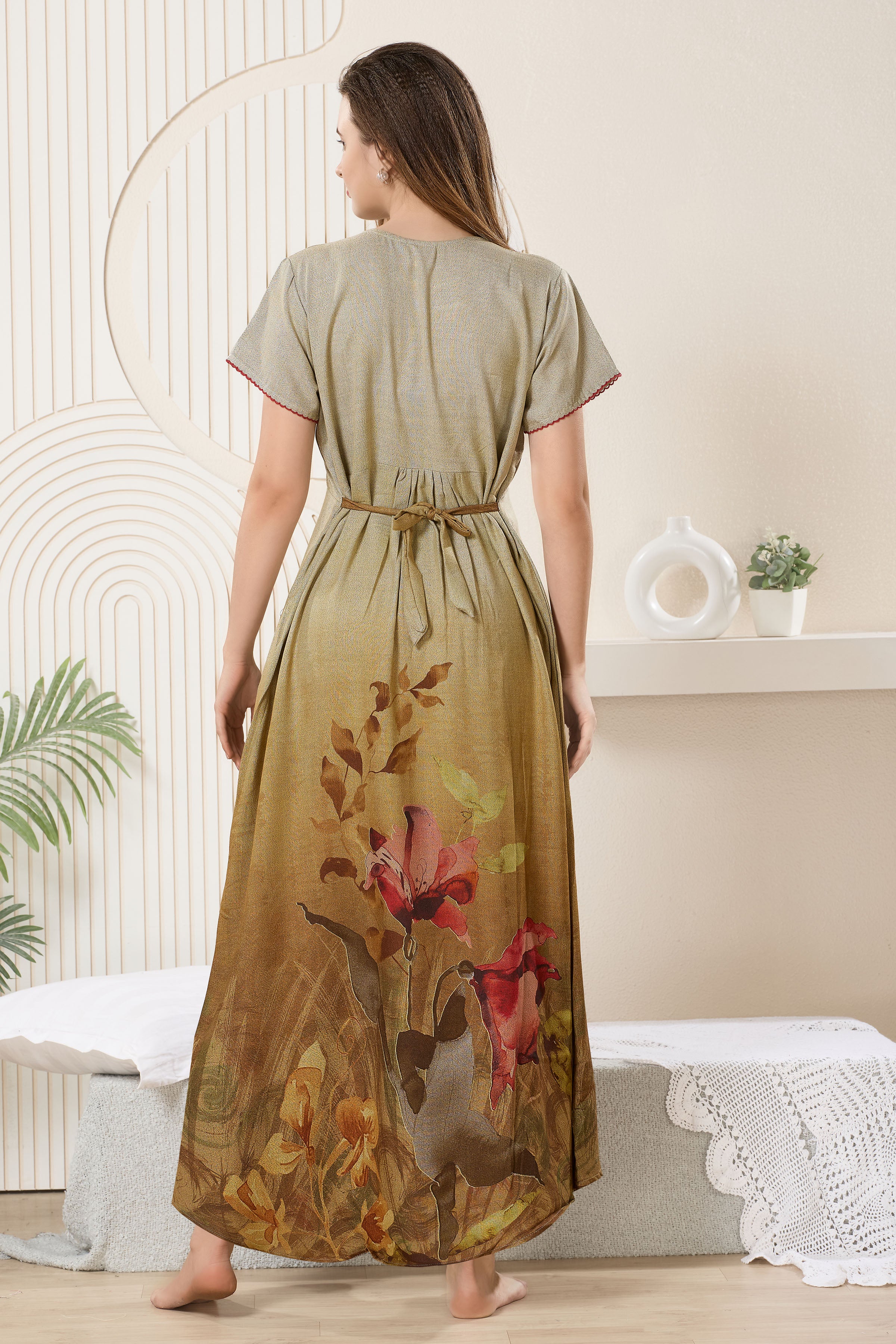 Printed Maxi Nightdress Round Neck Short Sleeves