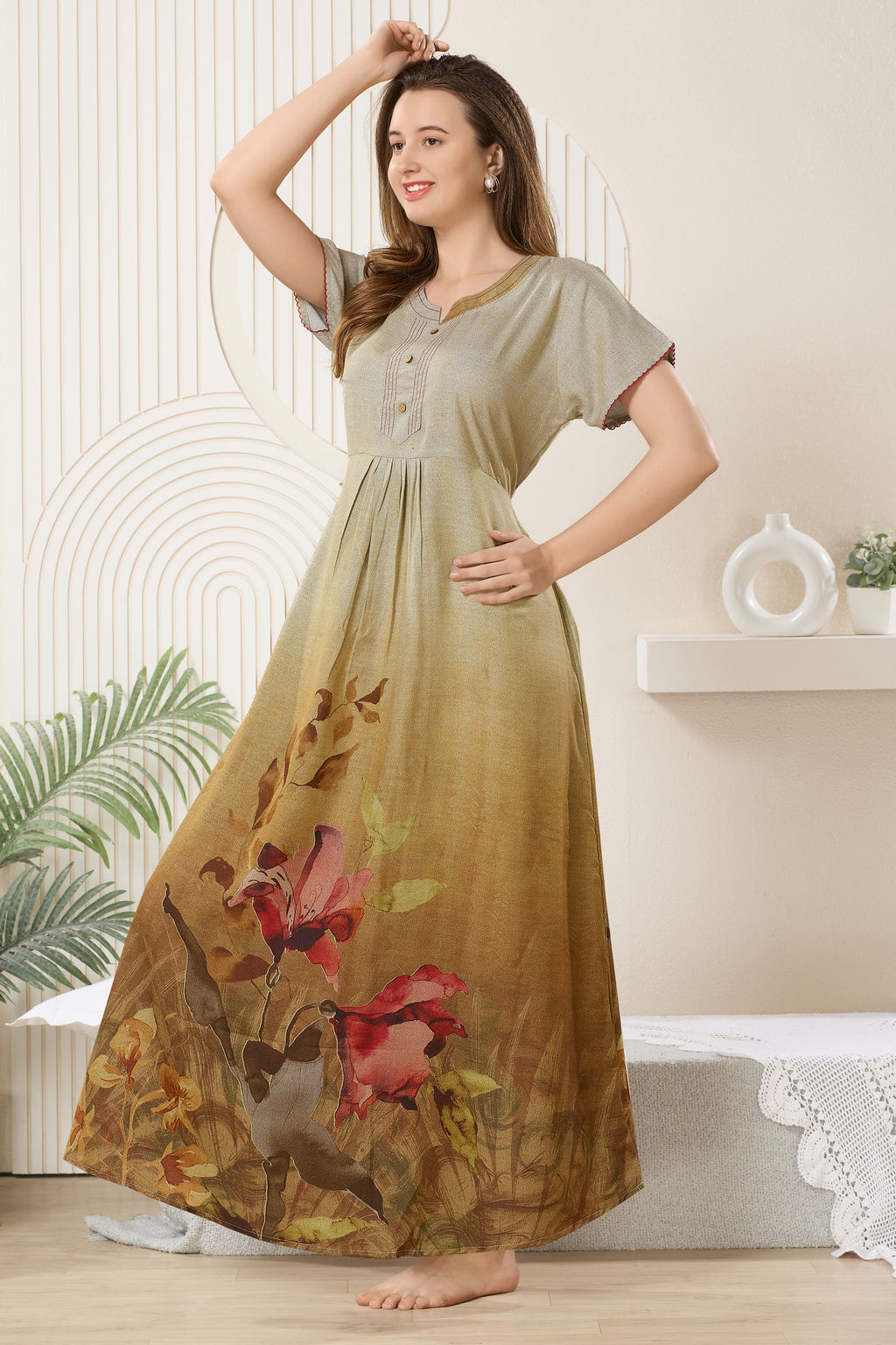 Printed Maxi Nightdress Round Neck Short Sleeves