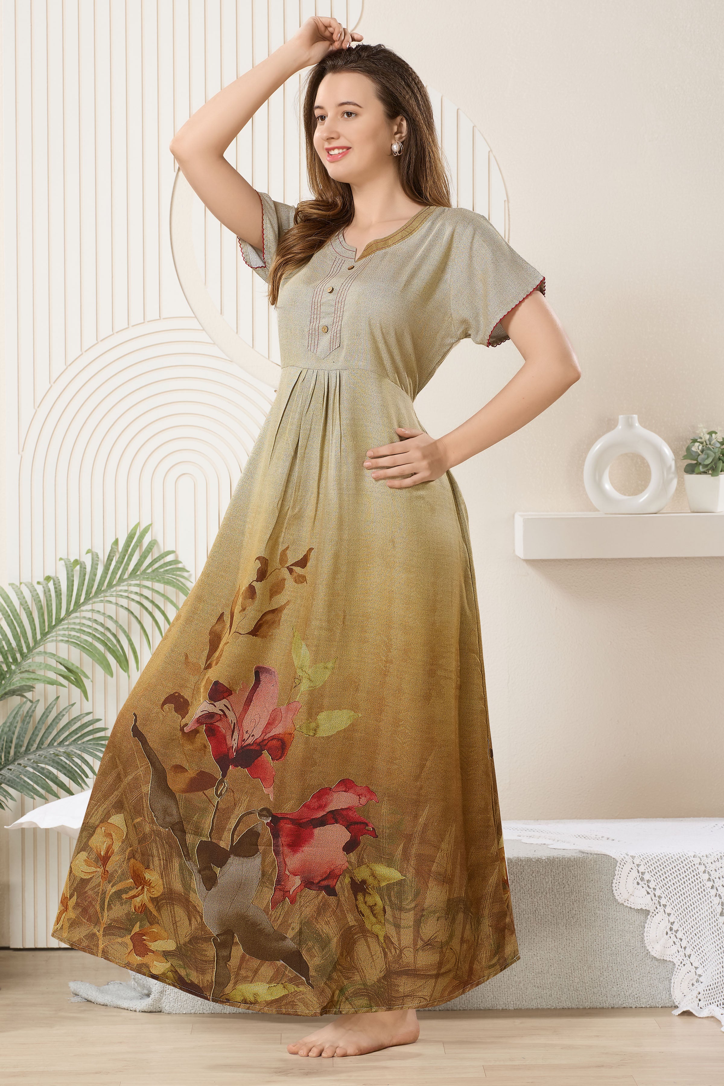 Printed Maxi Nightdress Round Neck Short Sleeves