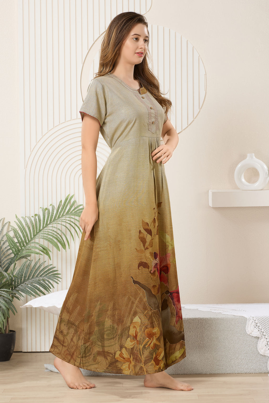 Printed Maxi Nightdress Round Neck Short Sleeves
