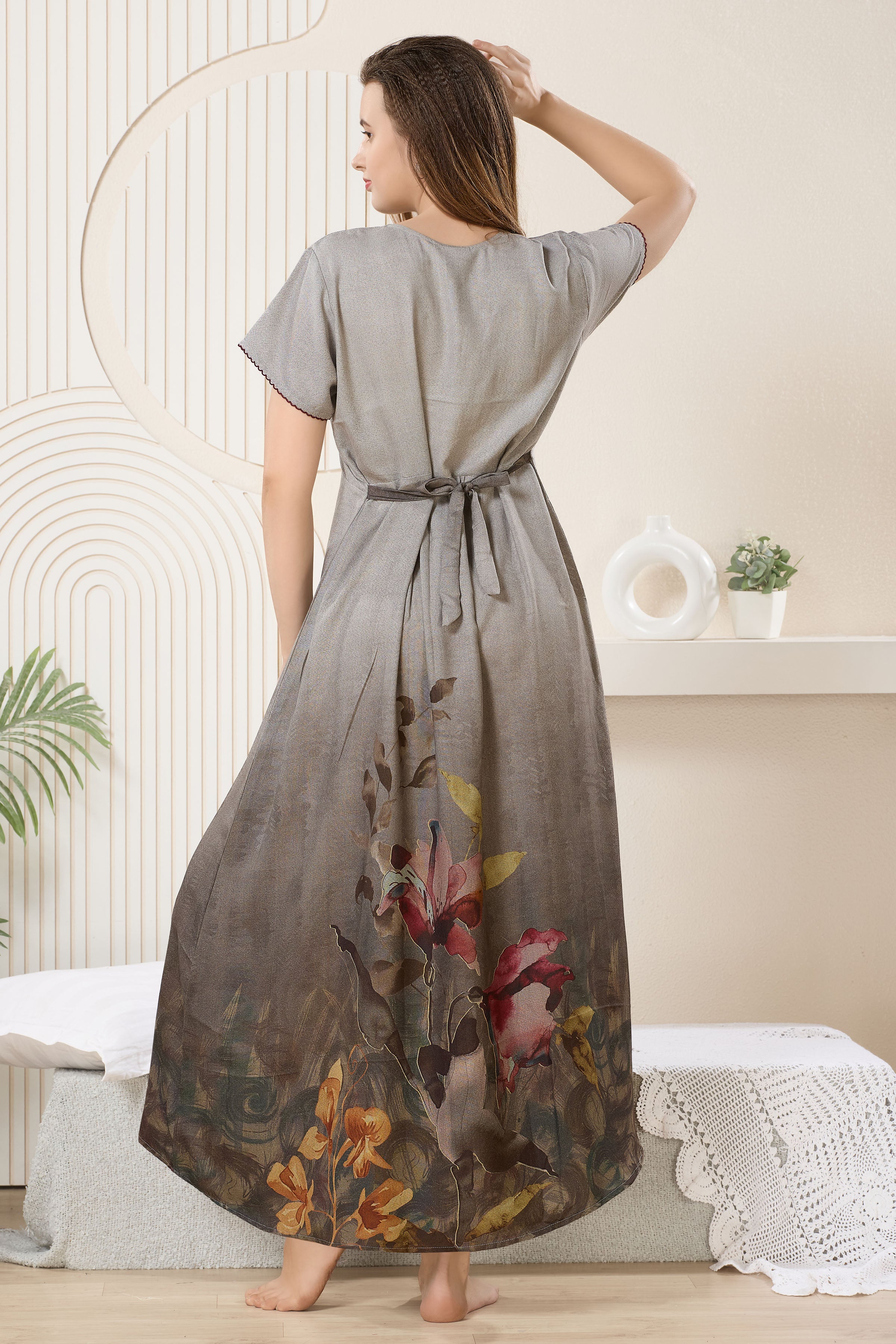 Printed Maxi Nightdress Round Neck Short Sleeves