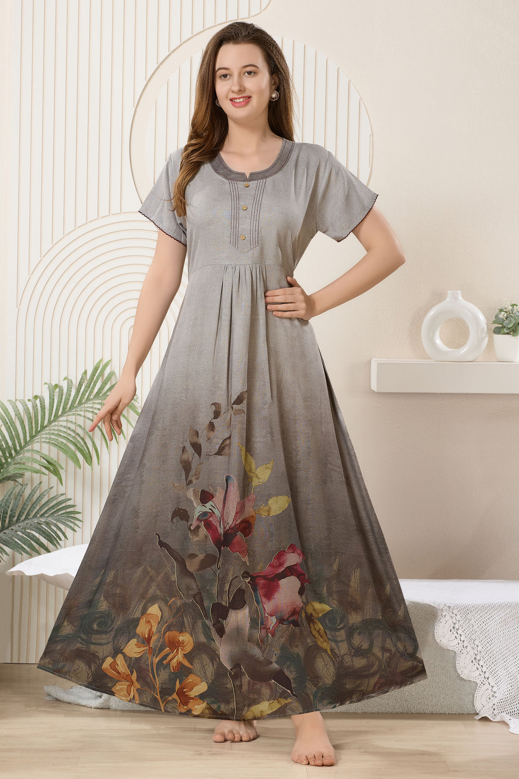 Printed Maxi Nightdress Round Neck Short Sleeves