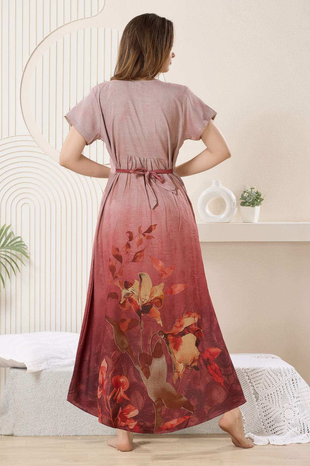 Printed Maxi Nightdress Round Neck Short Sleeves